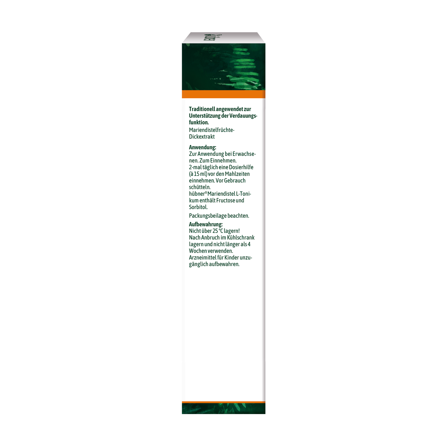 Seitenansicht einer Produktverpackung mit deutschem Text zu Gebrauch, Anwendung und Warnhinweisen auf weißem Hintergrund.