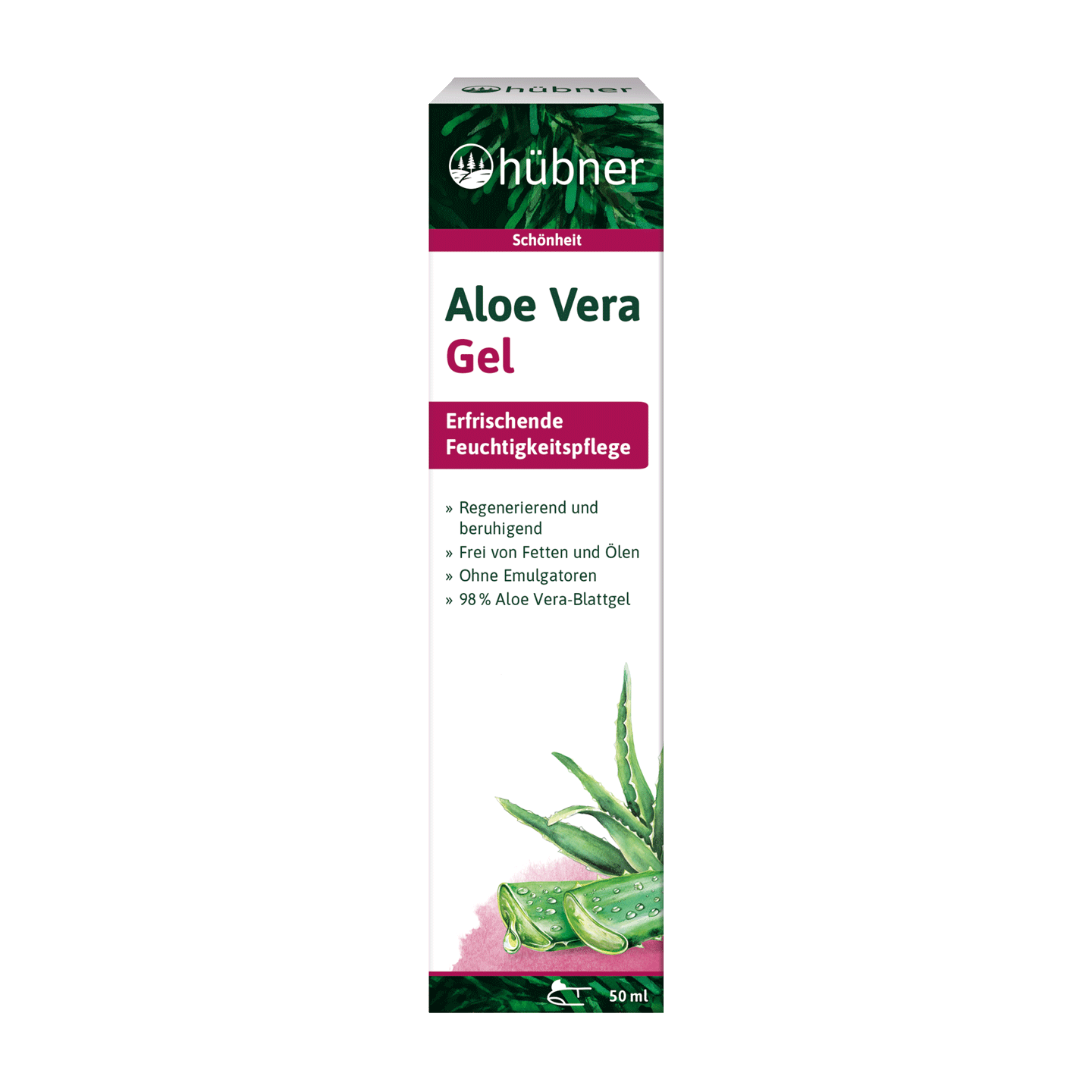 Eine Dose Hübner Aloe Vera Gel mit einer Illustration von Aloe-Blättern und einem deutschen Text über die feuchtigkeitsspendenden und lindernden Eigenschaften.