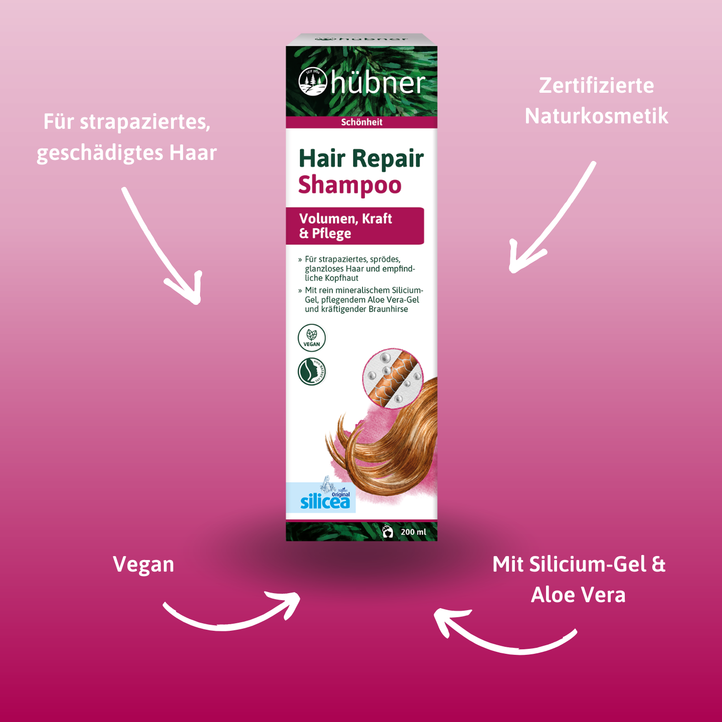 Eine Dose Hübner Hair Repair Shampoo mit Texthighlights für strapaziertes Haar, vegan, naturzertifiziert und mit Kieselgel Aloe Vera.