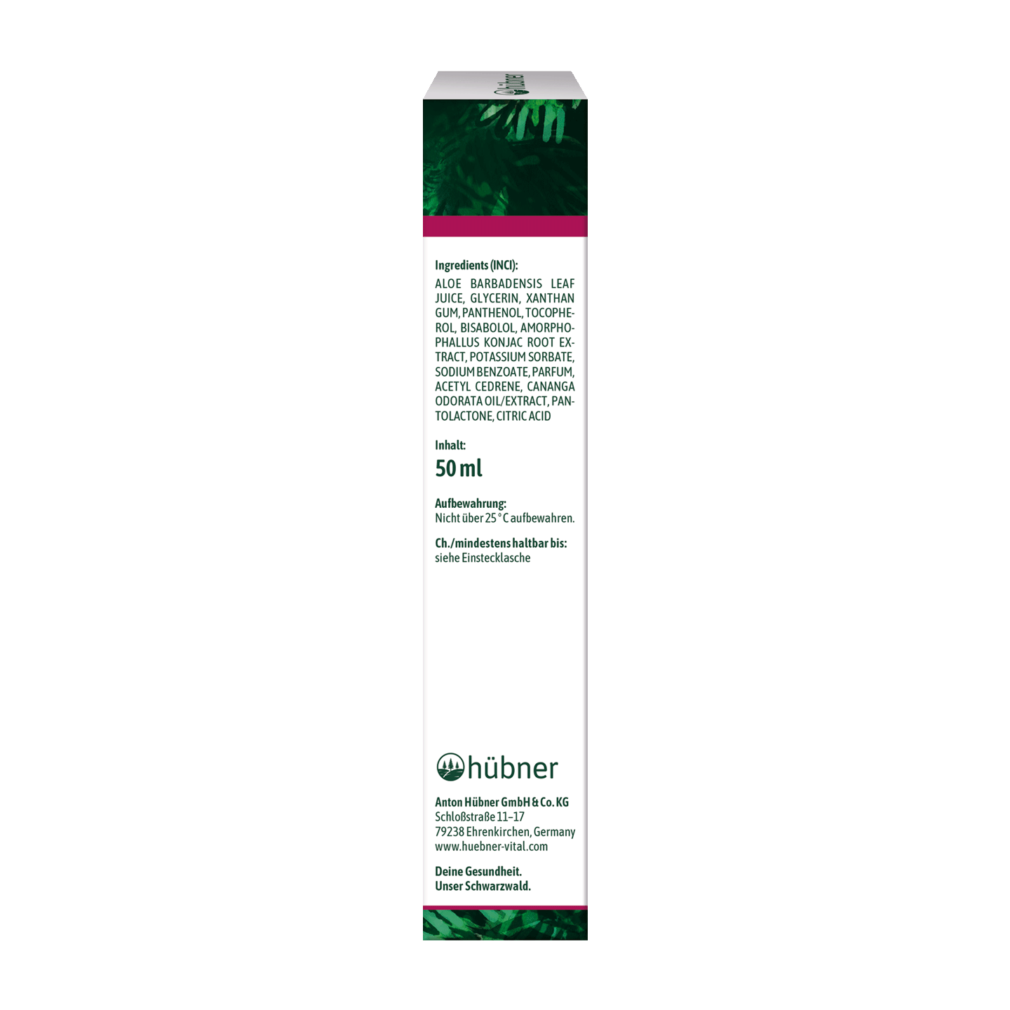 Seitenansicht einer weißen Produktschachtel mit grünem Text, der die Inhaltsstoffe, das Volumen von 50 ml, Hinweise zur Aufbewahrung und Unternehmensinformationen in deutscher Sprache enthält.
