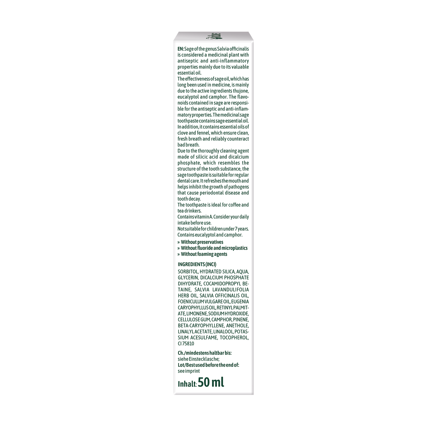 Seitenansicht einer Medikamentenschachtel mit den Inhaltsstoffen, Anweisungen und Herstellerinformationen in schwarzer Schrift auf weißem Hintergrund.