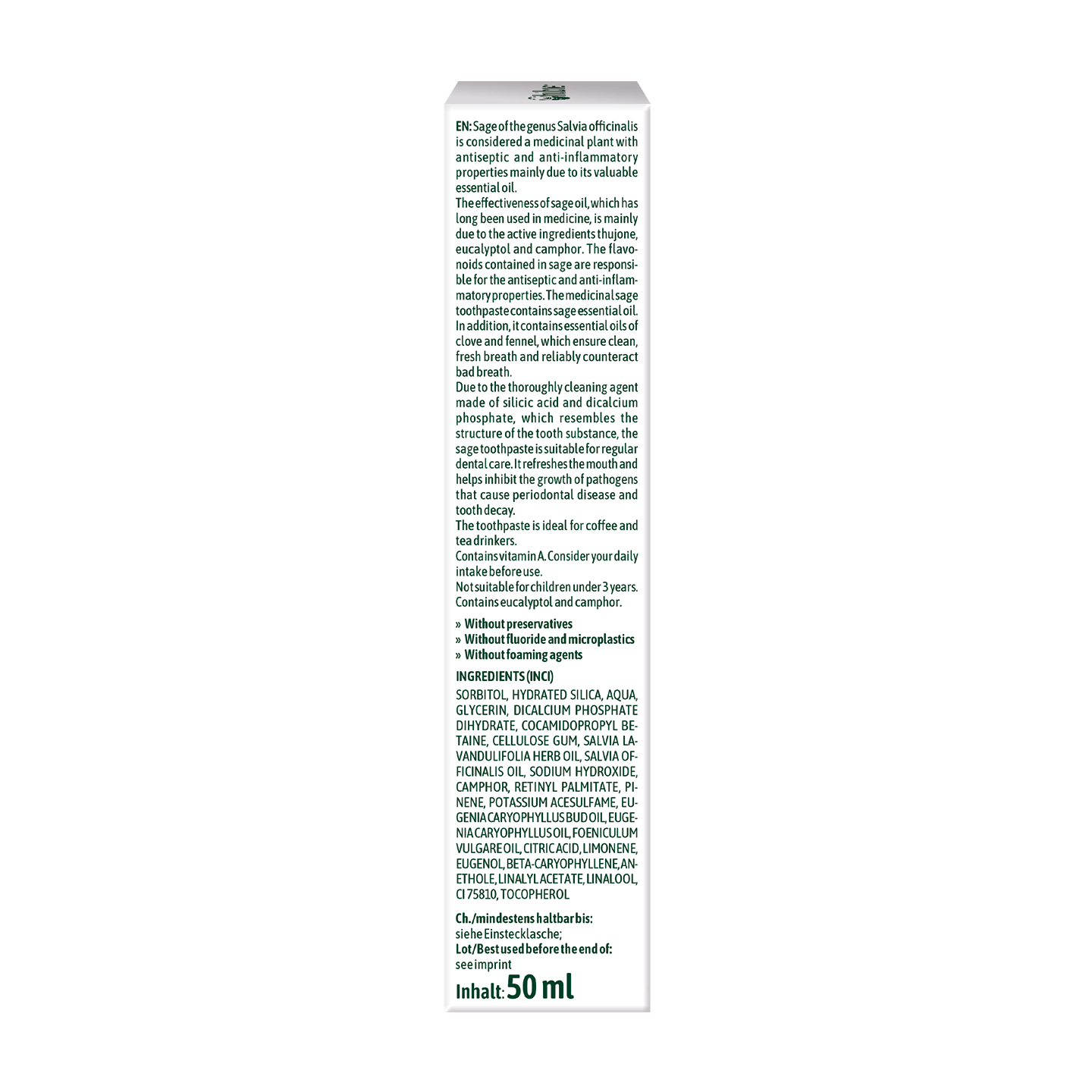 Seitenansicht einer Medikamentenschachtel mit den Inhaltsstoffen, Anweisungen und Herstellerinformationen in schwarzer Schrift auf weißem Hintergrund.