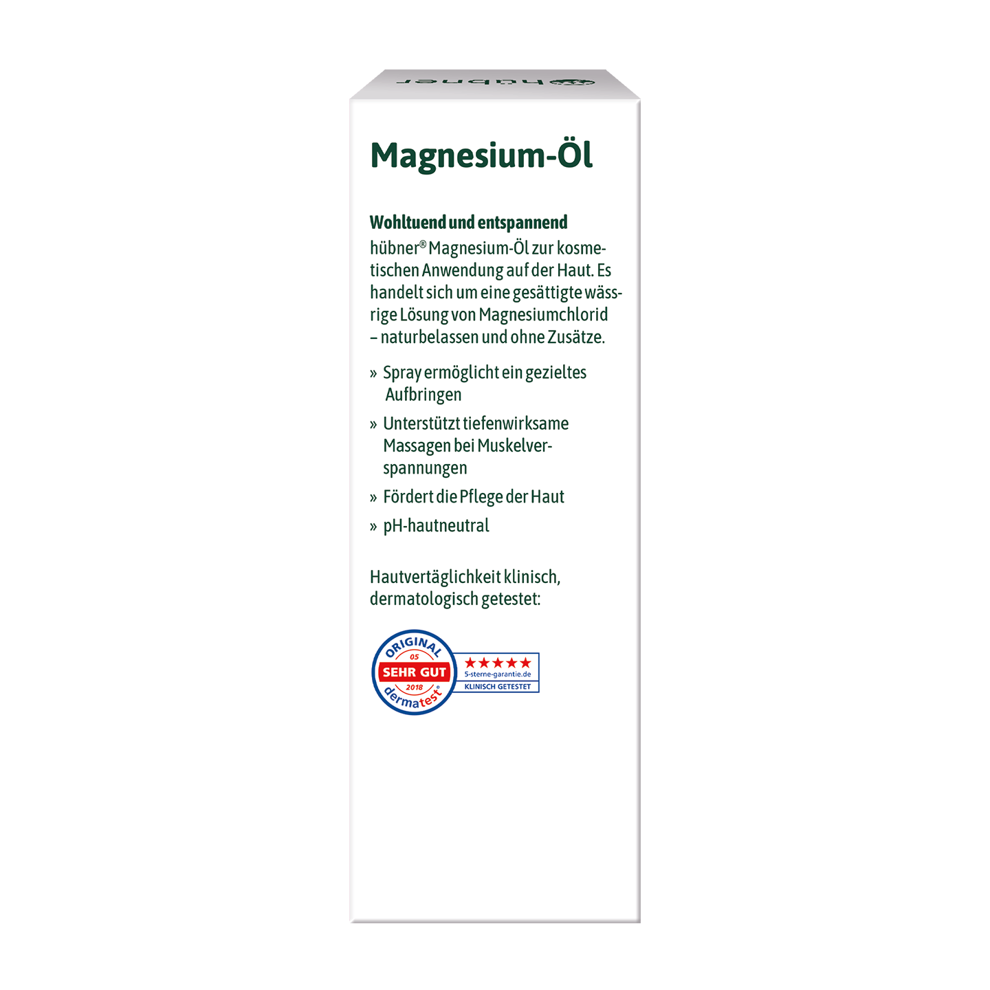 Weiße Flasche mit deutschem Anwendungstext und Warnhinweisen für hübner Magnesium Oil, ein Mineralspray zur Anwendung auf der Haut.