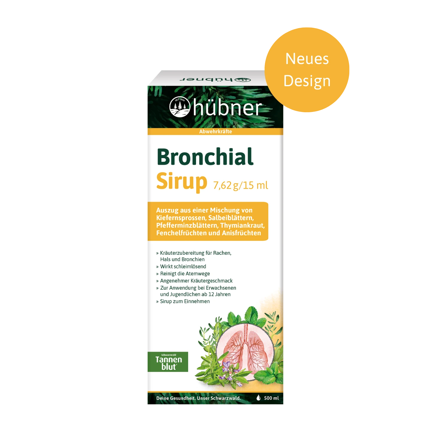 Schachtel Hübner Bronchialsirup mit Kräuterzutaten und Lungendiagramm sowie einem orangefarbenen Kreis mit der Aufschrift „Neues Design“.