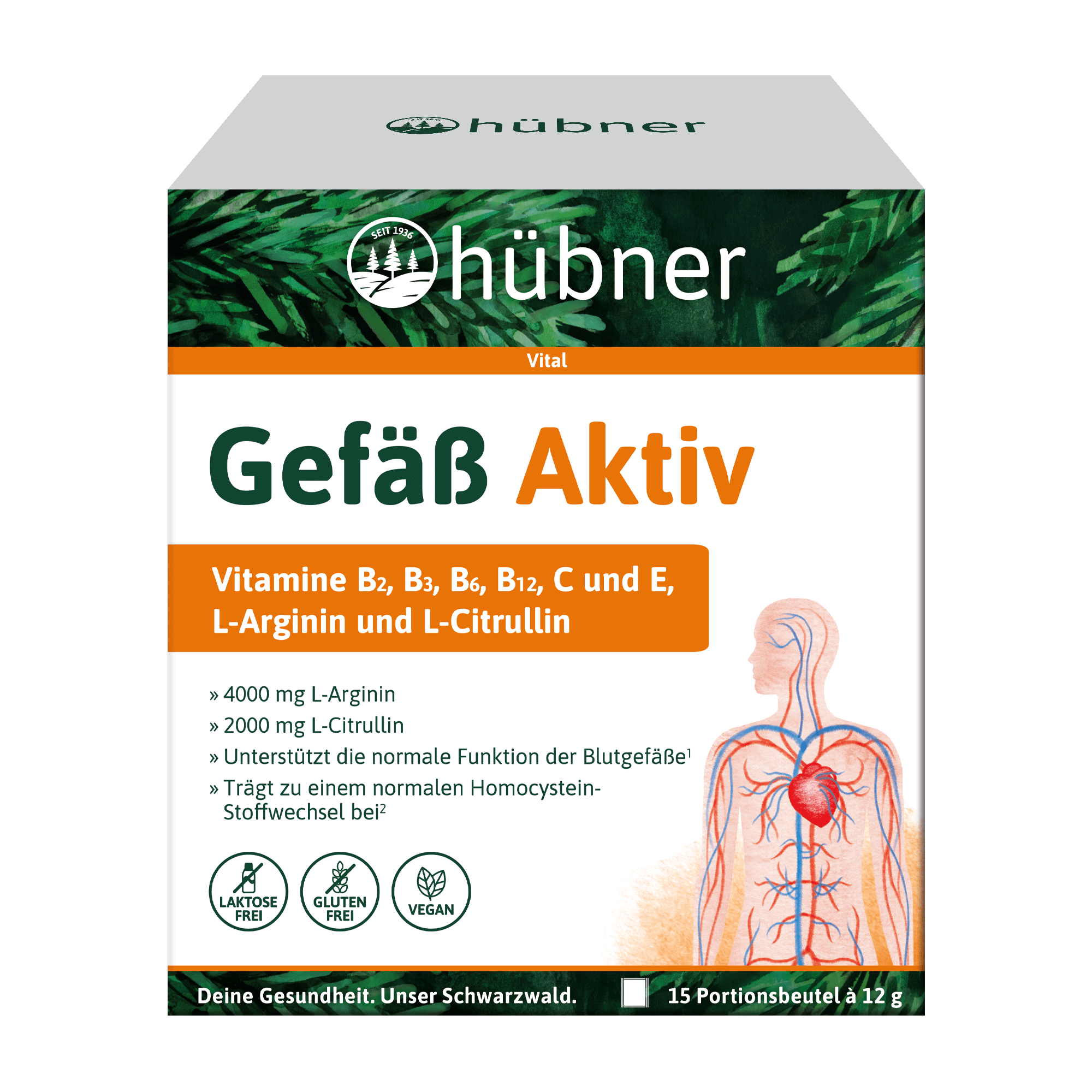 Schachtel mit dem Nahrungsergänzungsmittel Hübner Gefäß Aktiv, das Vitamine und Aminosäuren für die Gefäßgesundheit hervorhebt und Symbole für laktosefrei, glutenfrei und vegan enthält.