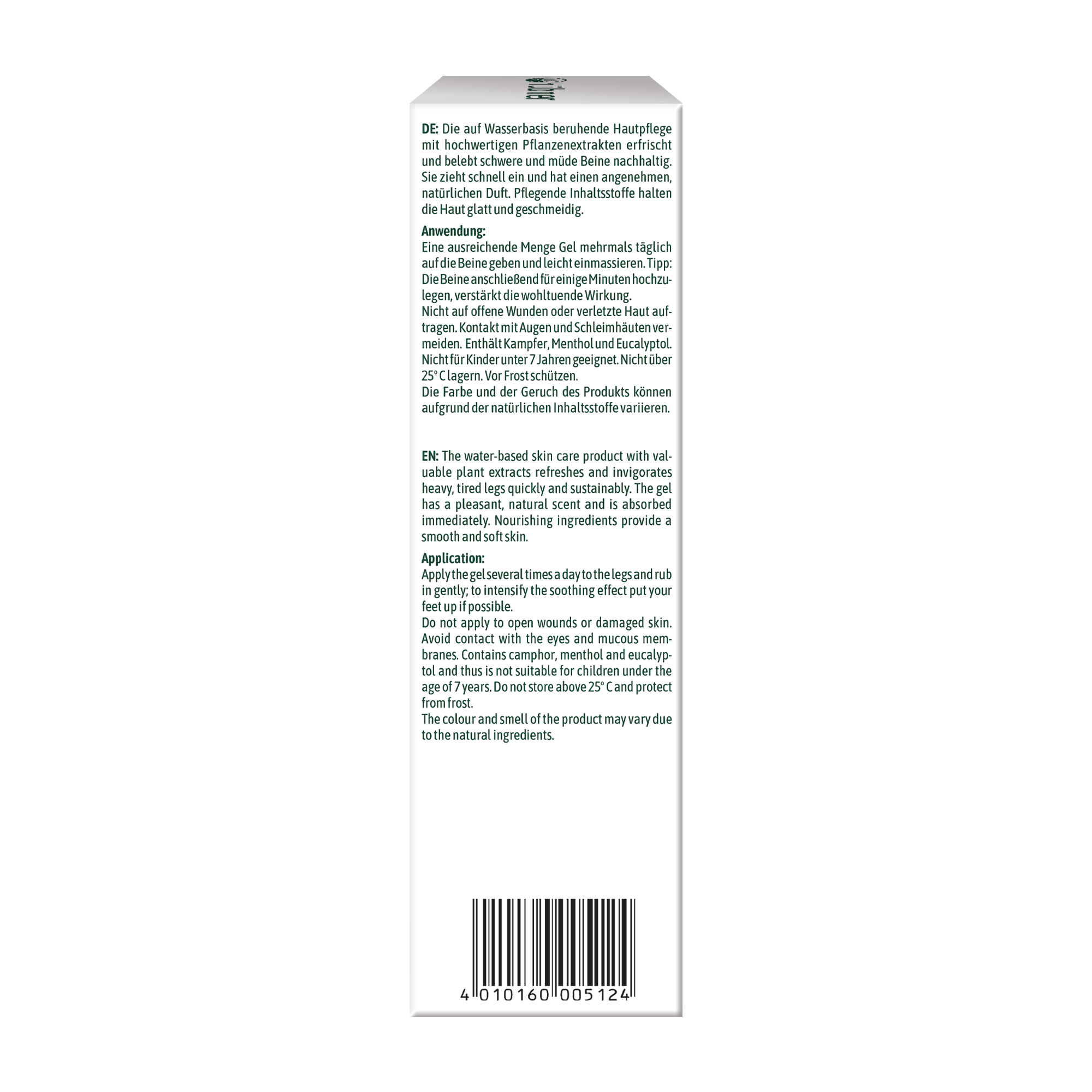 Eine weiße Produktschachtel mit deutscher und englischer Gebrauchsanweisung, einem Strichcode und einem Text über Hautpflege und Inhaltsstoffe.