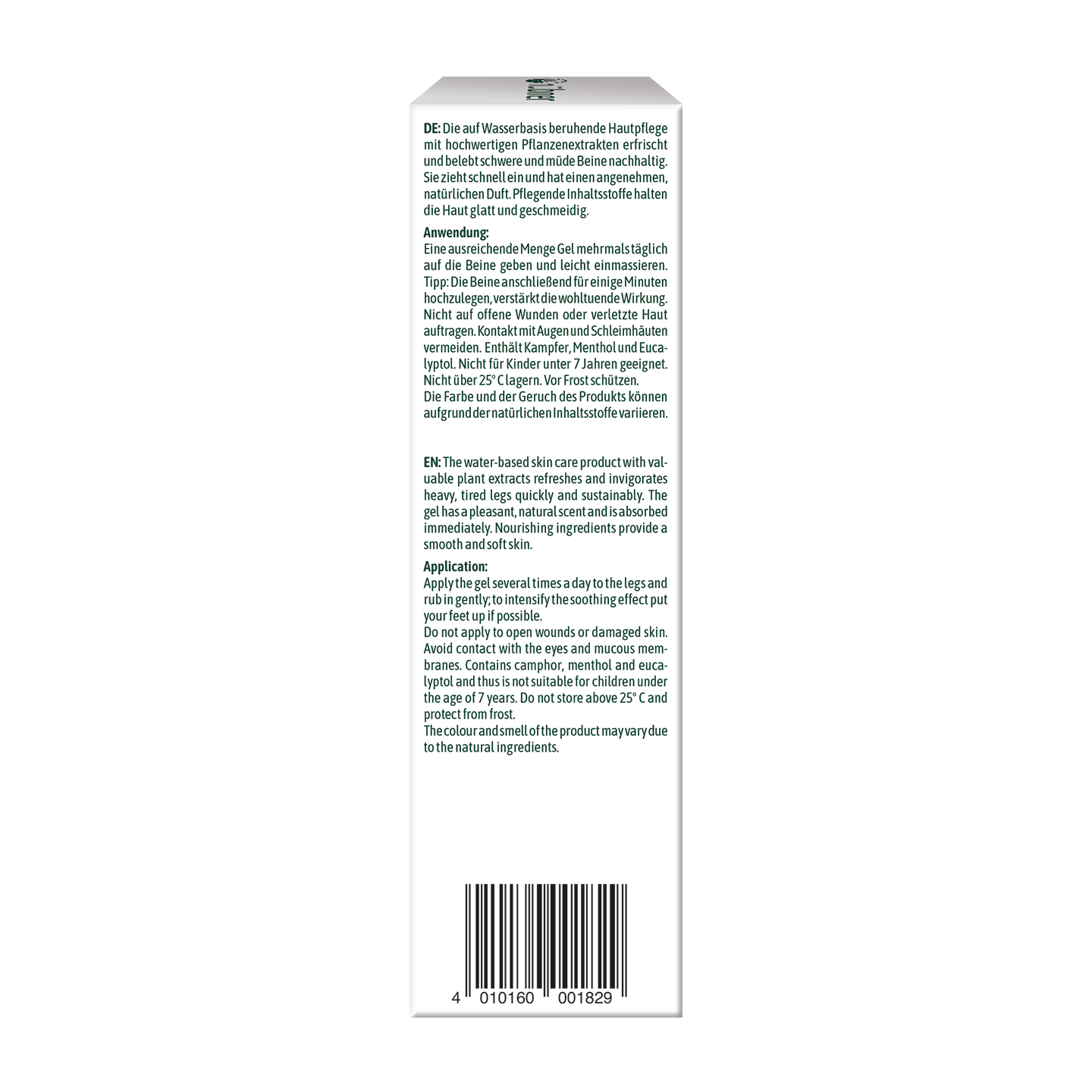 Eine weiße Produktschachtel mit deutscher und englischer Gebrauchsanweisung, einem Strichcode und einem Text über Hautpflege und Inhaltsstoffe.