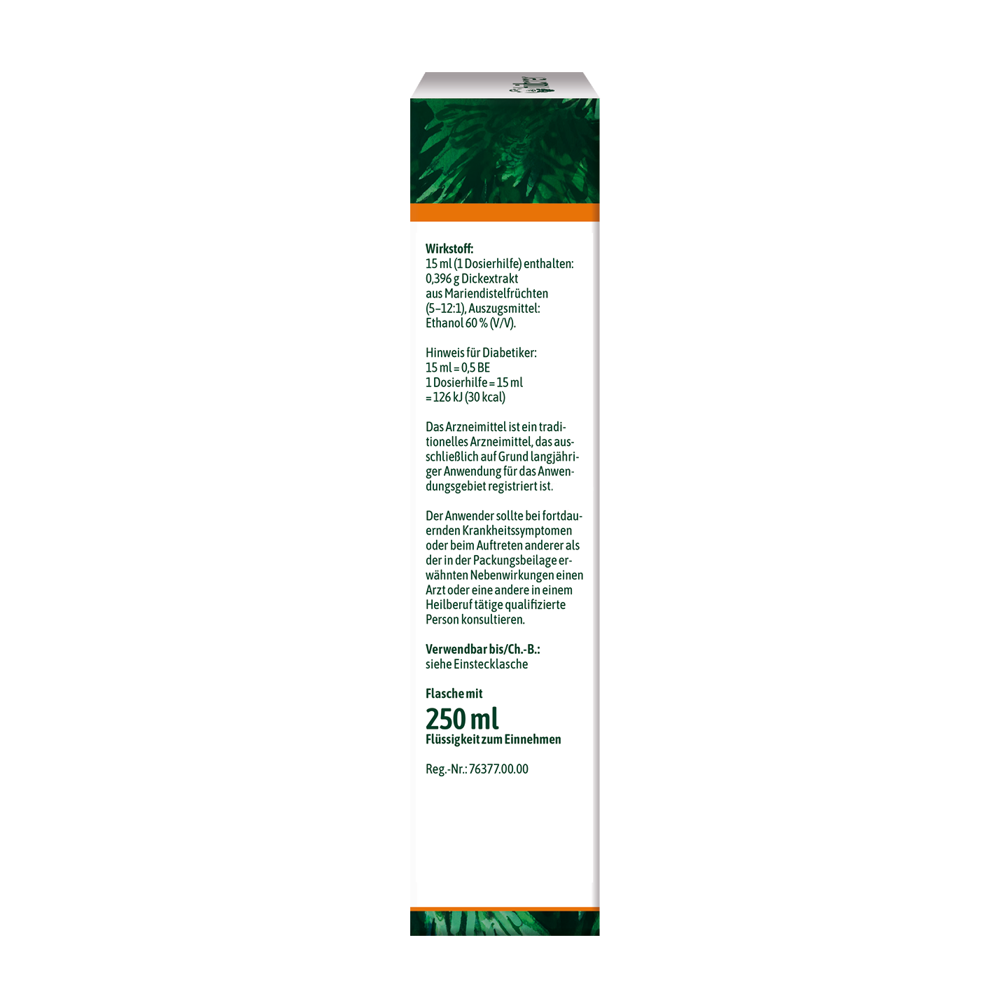 Vertikales Etikett mit deutschem Text, der die Inhaltsstoffe, Anweisungen und Dosierung für ein 250 ml flüssiges Medikament auflistet, mit einem Blattmuster oben.