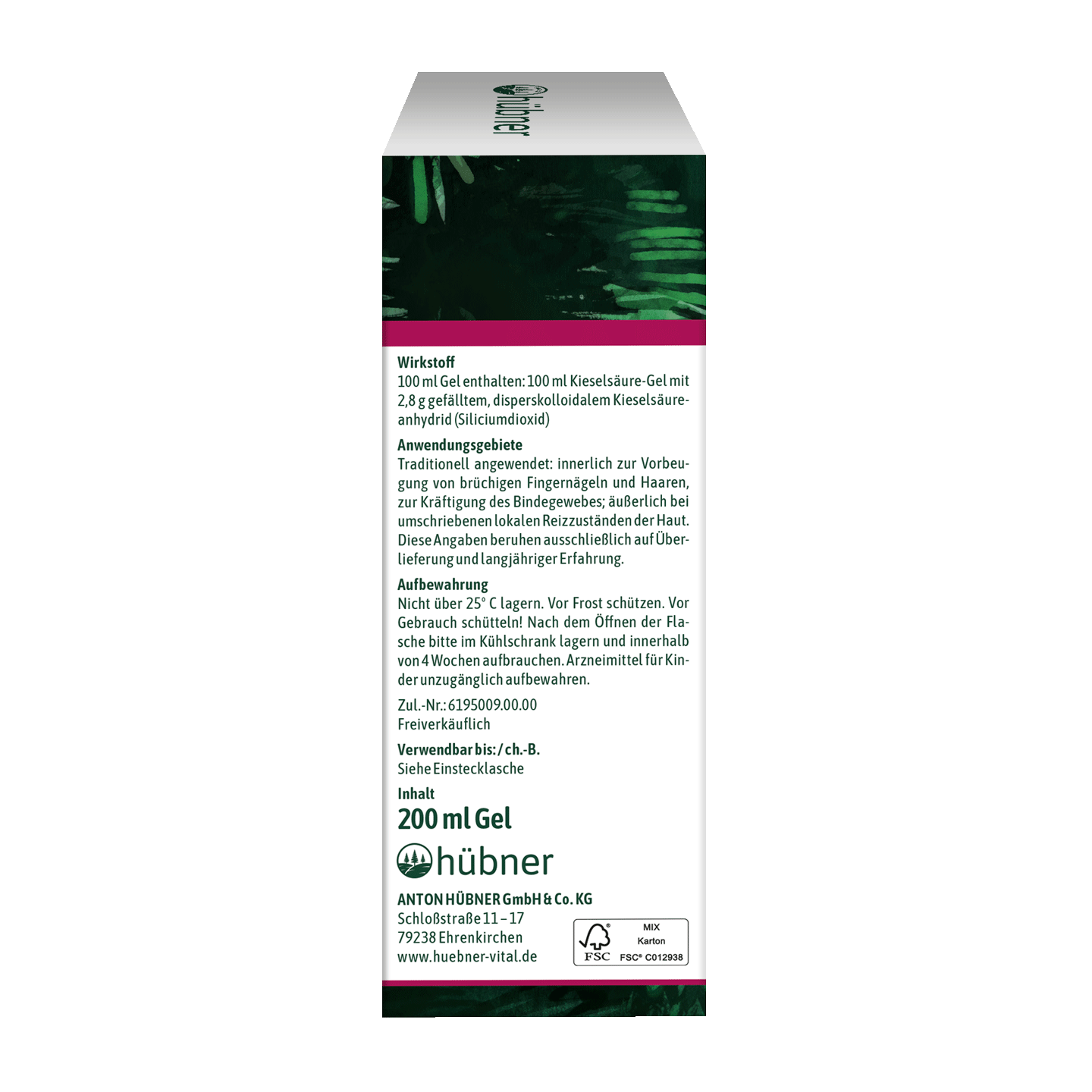 Rückseite einer Hübner-Gel-Box mit deutschem Text mit detaillierten Angaben zu Inhaltsstoffen, Gebrauchsanweisungen und Herstellerinformationen.
