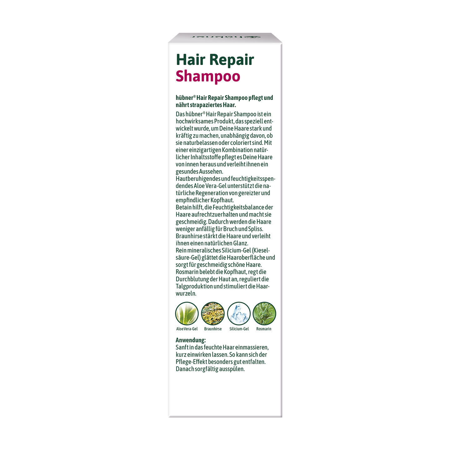 Seitenansicht einer Shampoo-Packung mit deutschem Text, der die Vorteile und Inhaltsstoffe beschreibt, sowie drei kleinen Pflanzenillustrationen am unteren Rand.