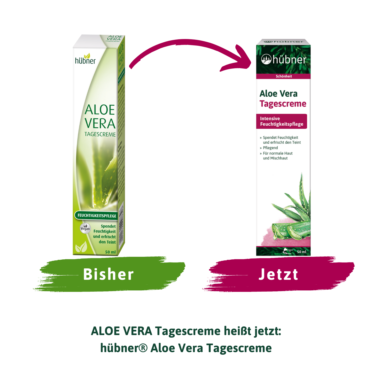 Zwei Schachteln Aloe Vera Tagescreme, alte Verpackung links mit der Aufschrift „Bisher“, neue Verpackung rechts mit der Aufschrift „Jetzt“.