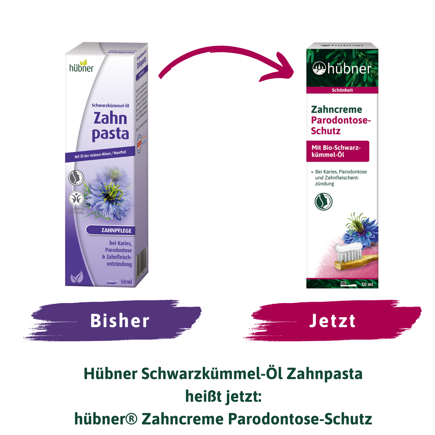 Vergleich der alten und der neuen Verpackung von Hübners Zahnpasta, wobei die Umstellung auf Zahncreme Parodontose-Schutz hervorgehoben wird.