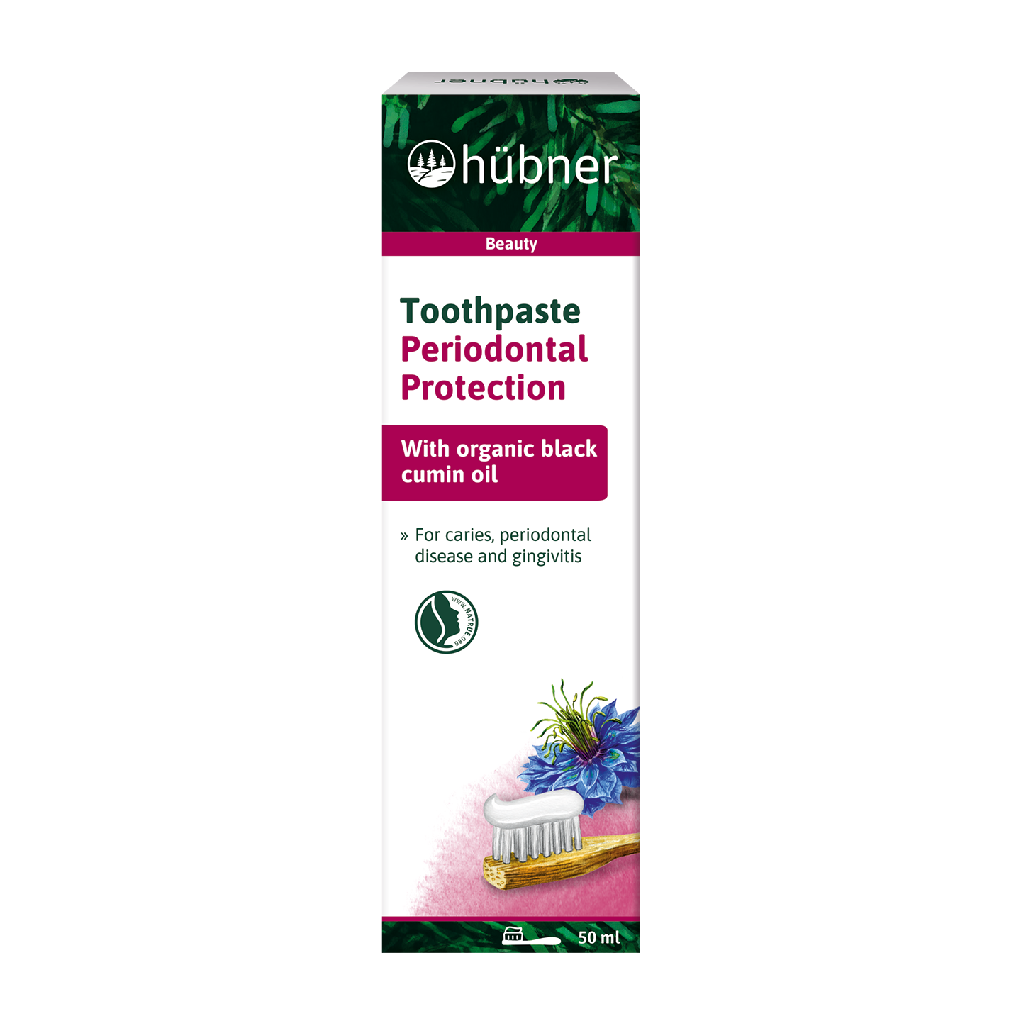 Verpackung der Hübner Zahnpasta mit Bio-Schwarzkümmelöl zum Schutz vor Parodontose, mit Abbildungen einer Zahnbürste und von Blüten auf der Vorderseite.