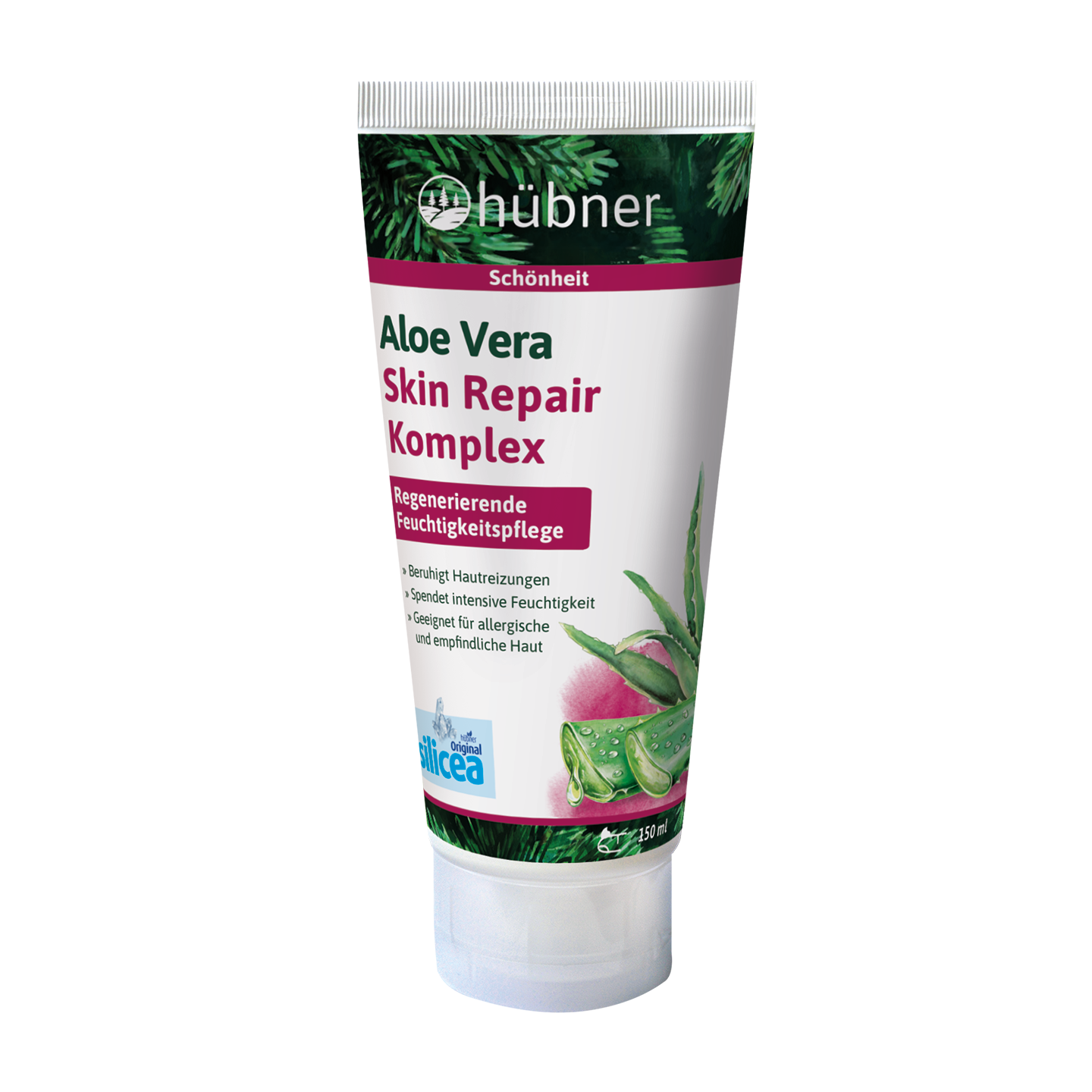 Eine Tube Hübner Aloe Vera Skin Repair Complex mit Aloe-Vera-Abbildungen auf dem Etikett.