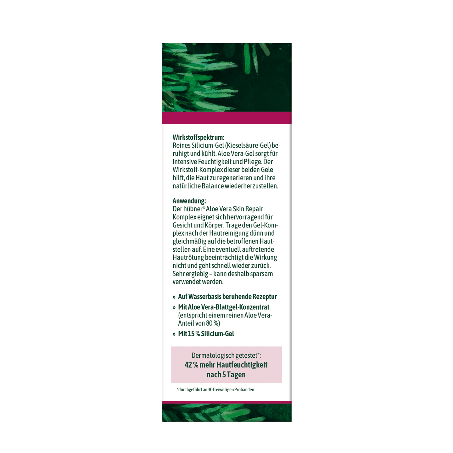 Ein Produktetikett mit deutschem Text, der die Wirkung, die Anwendung und die Inhaltsstoffe eines Aloe-Hautreparaturgels beschreibt.
