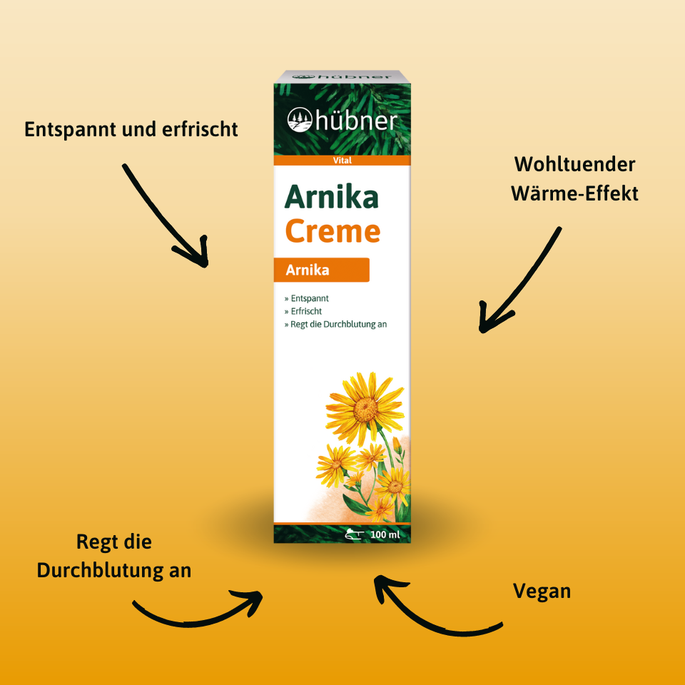 Dose Hübner Arnika Creme mit den Vorteilen: entspannt, erfrischt, regt die Durchblutung an, vegan und mit wohltuender Wärmewirkung, auf orangefarbenem Hintergrund.