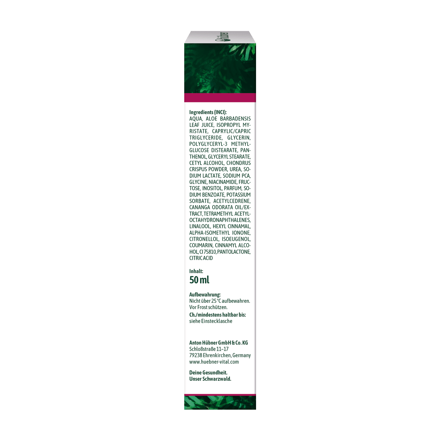 Seitenansicht einer Kosmetikproduktverpackung mit der Inhaltsstoffliste auf Deutsch und Englisch, weißem Hintergrund und grünen Blattakzenten.
