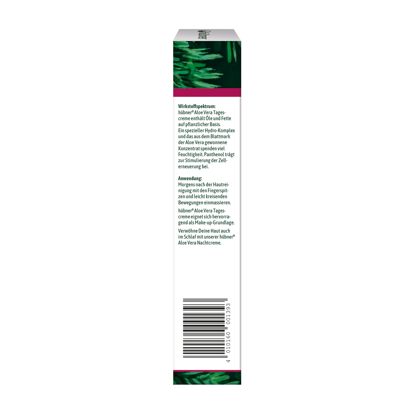 Seitenansicht einer Kosmetikproduktverpackung mit der Inhaltsstoffliste auf Deutsch und Englisch, weißem Hintergrund und grünen Blattakzenten.