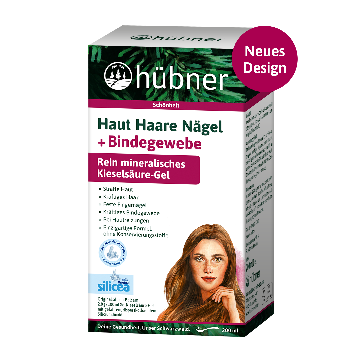 Schachtel Hübner Schönhet Kieselsäure-Gel mit Produktinformationen, einem illustrierten Frauengesicht und einem Etikett „Neues Design“.