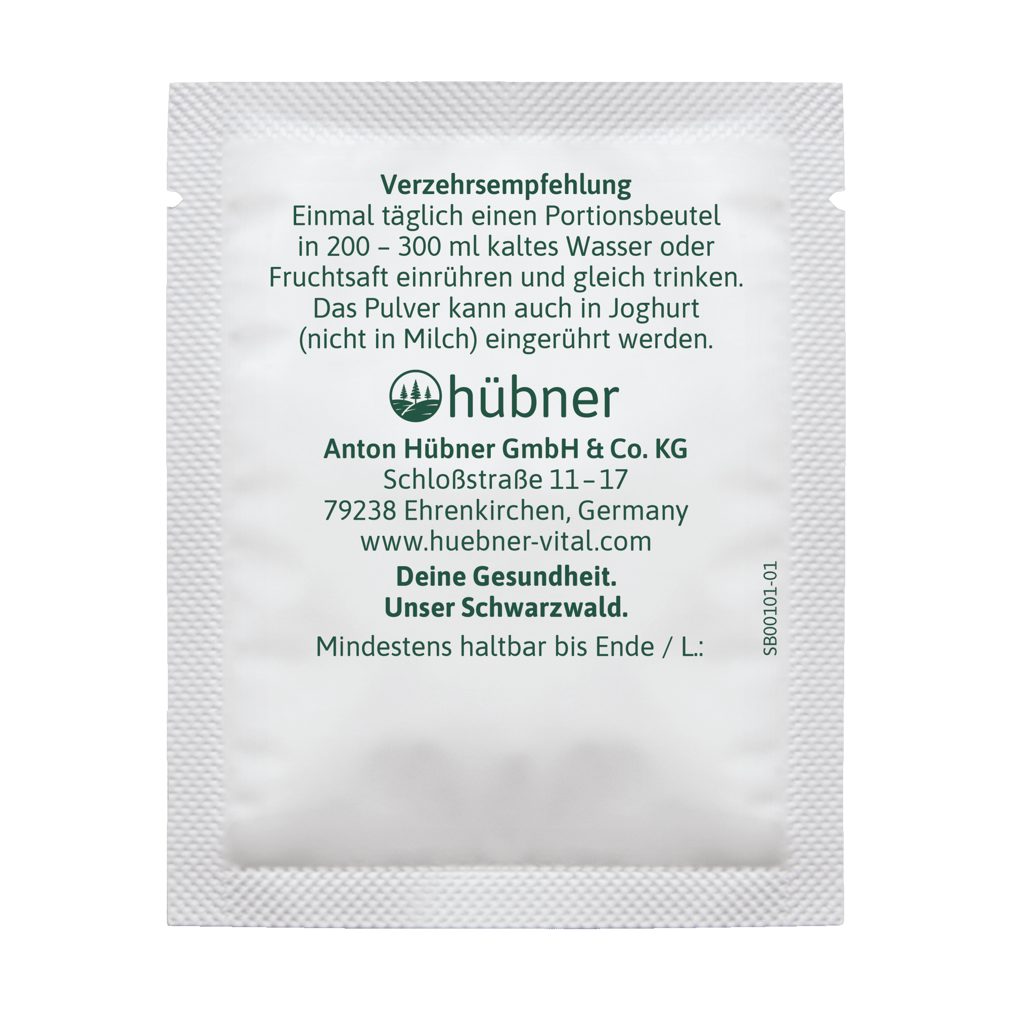 Weiße Packung mit deutscher Anleitung zum Mischen des Pulvers mit Wasser oder Saft, Aufschrift „Hübner“ und Firmenangaben in grüner und schwarzer Schrift.