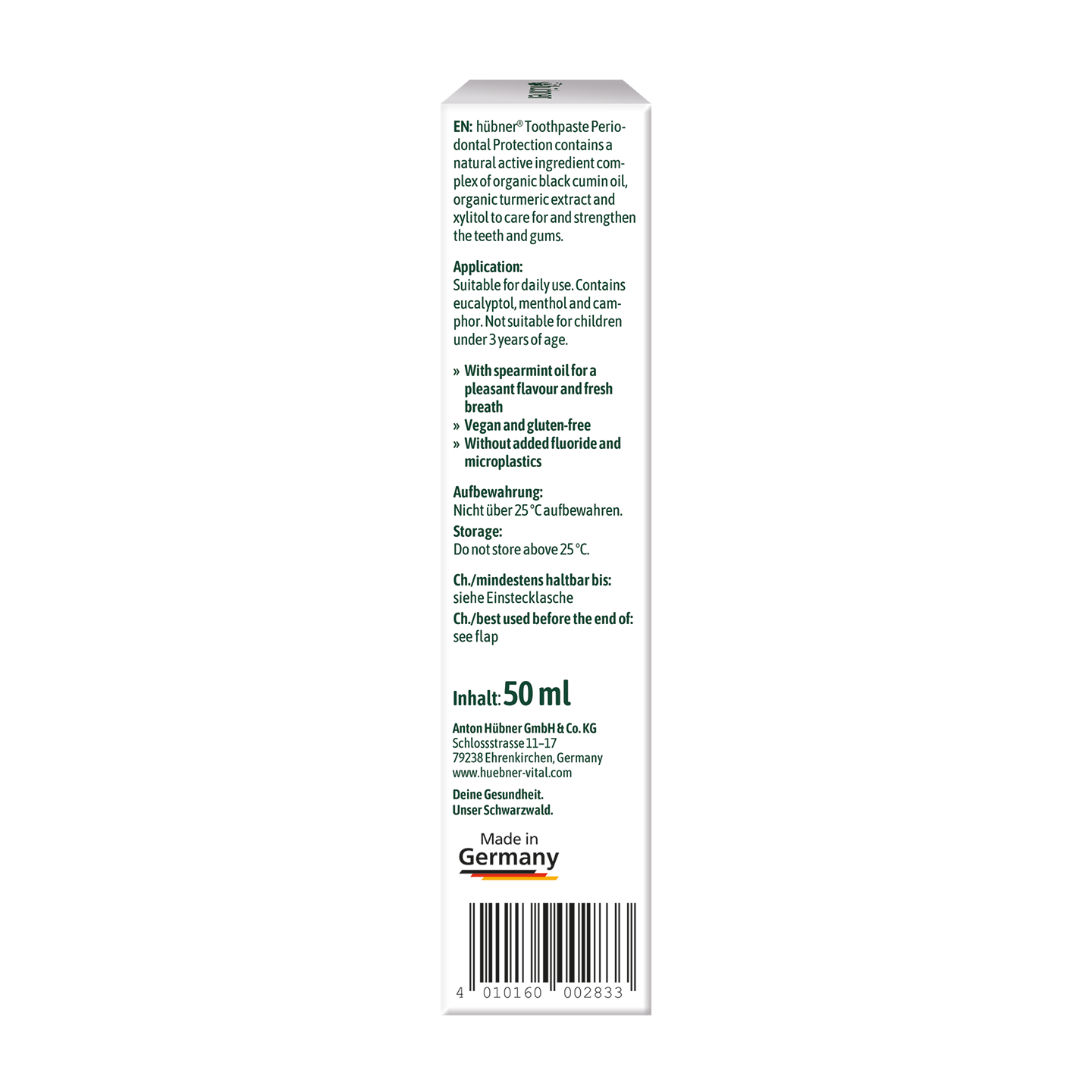 Seitenansicht einer Zahnpastaschachtel mit Produktinformationen, Anwendungshinweisen, Inhaltsstoffen und dem Etikett Made in Germany am unteren Rand.