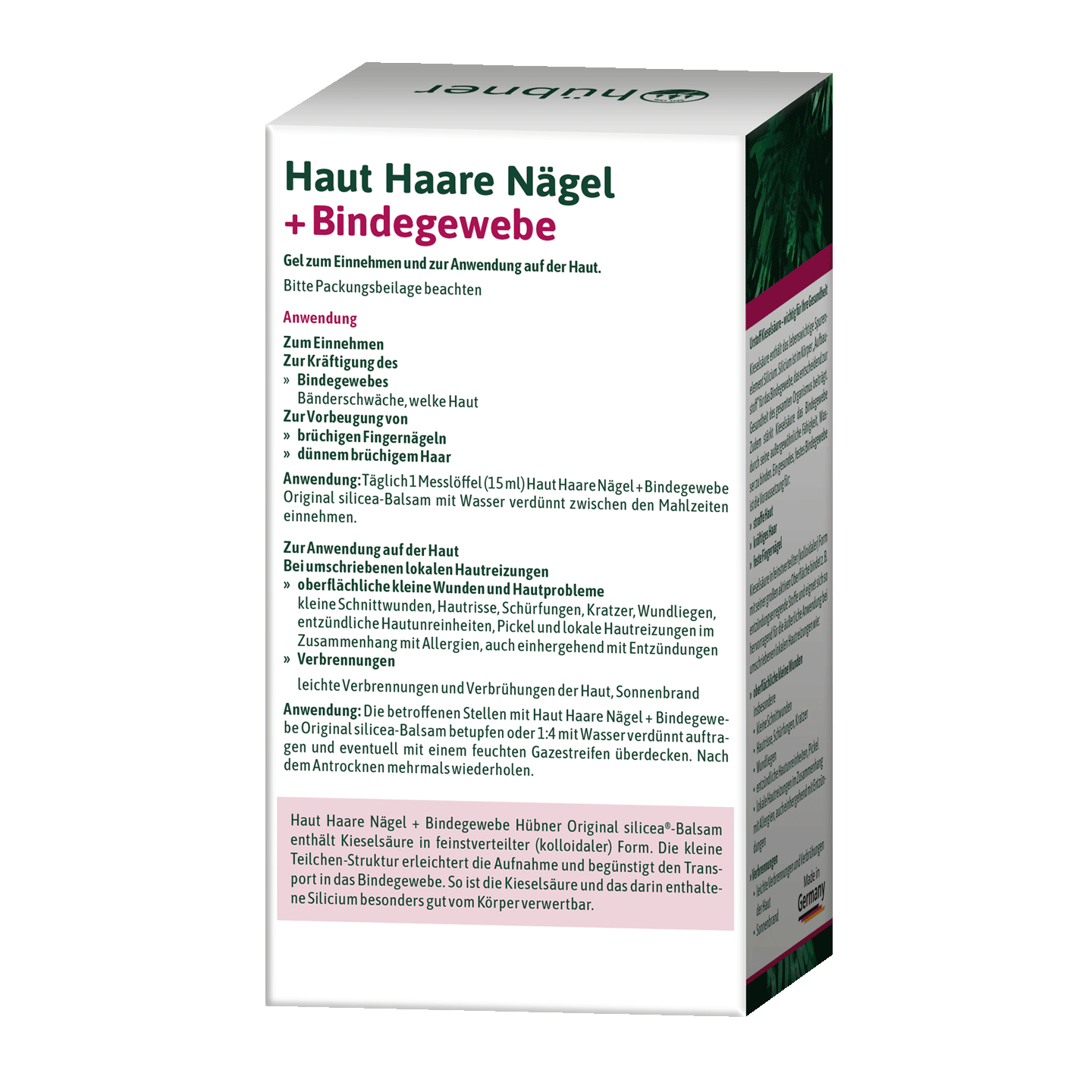 Eine Packung Haut Haare Nägel + Bindegewebe Ergänzungsmittel, mit Anwendungshinweisen und Produktinformationen auf Deutsch.