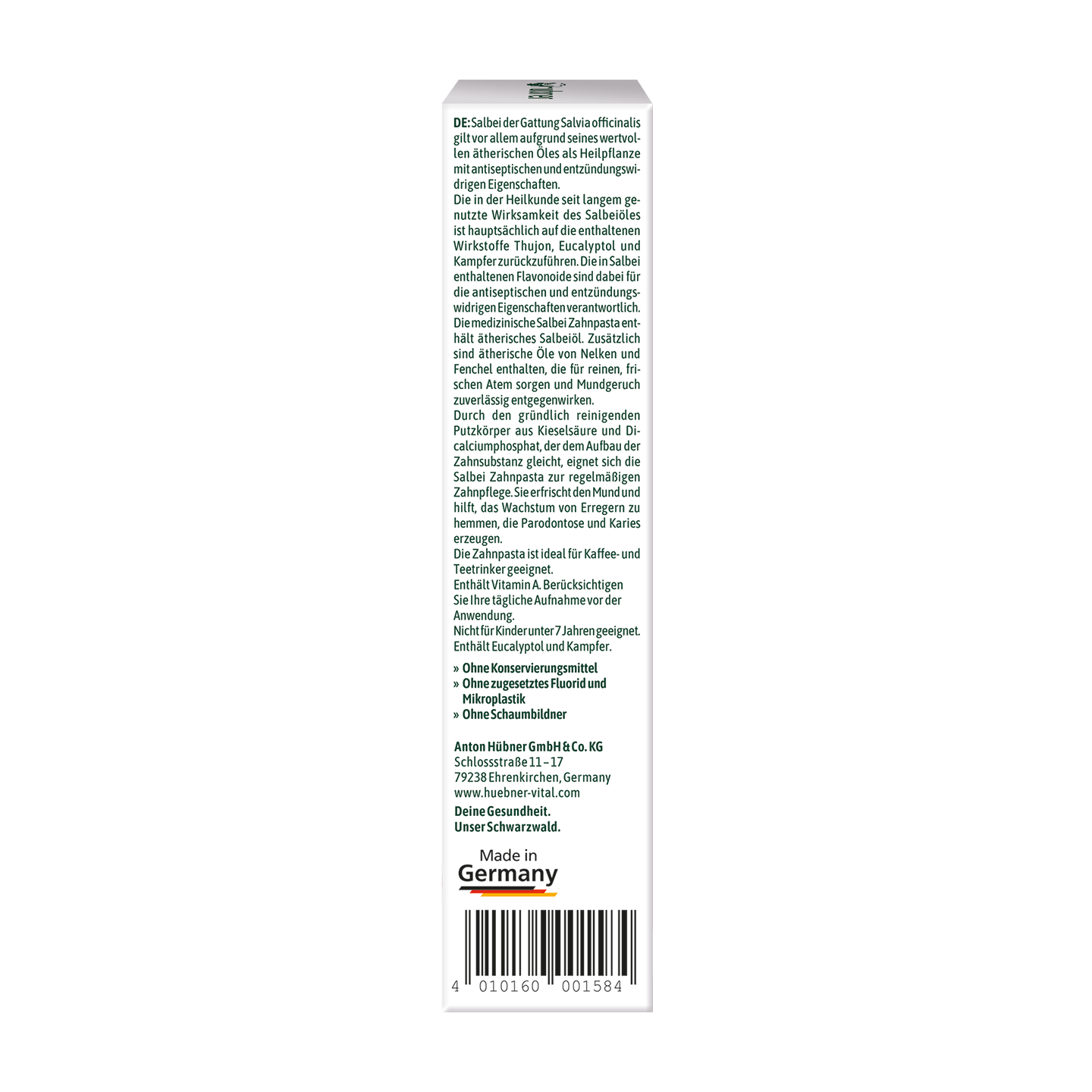 Rückansicht einer Zahnpastapackung mit deutschem Text, grünem Blattdesign, Barcode und „Made in Germany“ auf der Unterseite aufgedruckt.