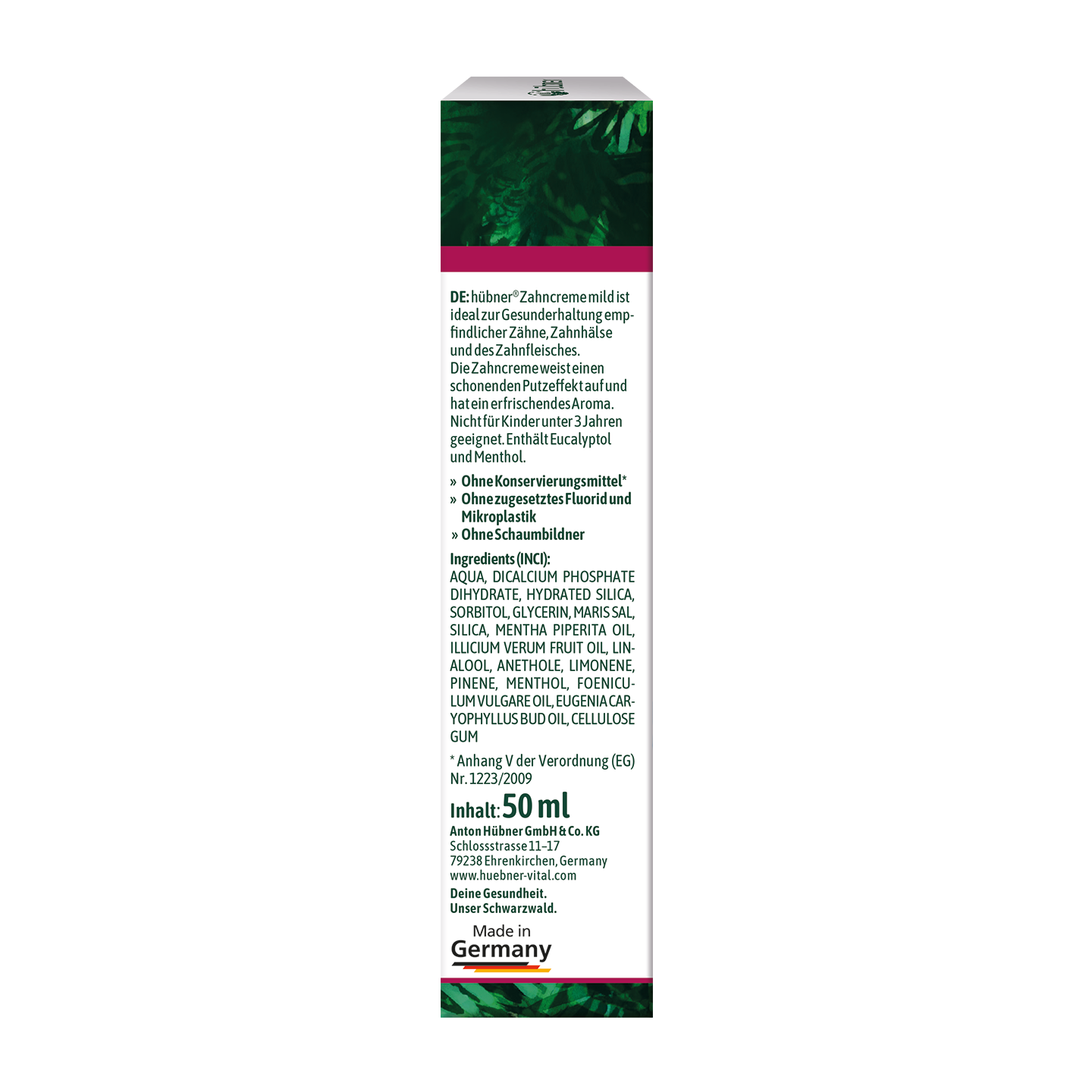 Eine Packung Hübner Zahnpasta Sensitive mit Kieselgel, Pfefferminzöl und Menthol, mit Abbildung einer Zahnbürste und Minzblättern.