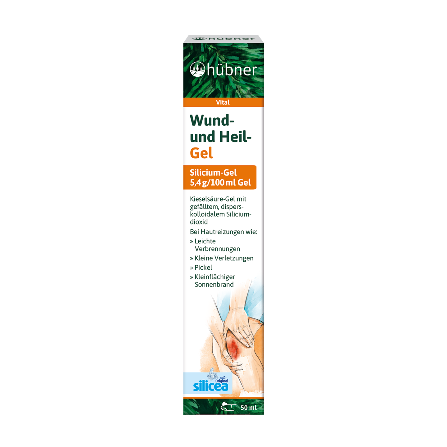Eine Schachtel Hübner silicea Wund- und Heilgel 50 ml mit deutschem Text und einer Abbildung des auf ein aufgeschürftes Knie aufgetragenen Gels.