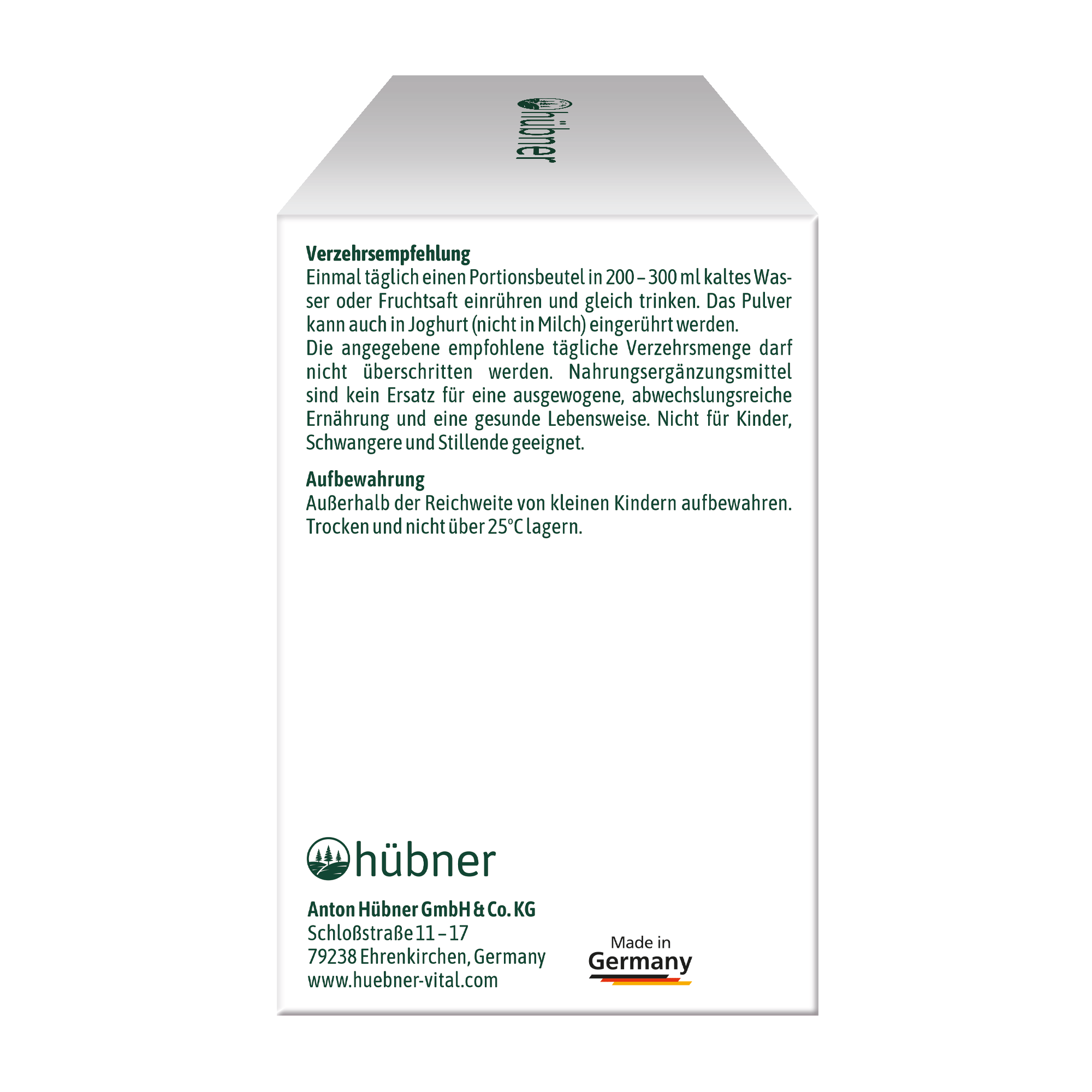Rückseite einer Hübner-Produktverpackung mit Gebrauchsanweisungen, Lagerungsinformationen und Herstellerangaben in deutscher Sprache.