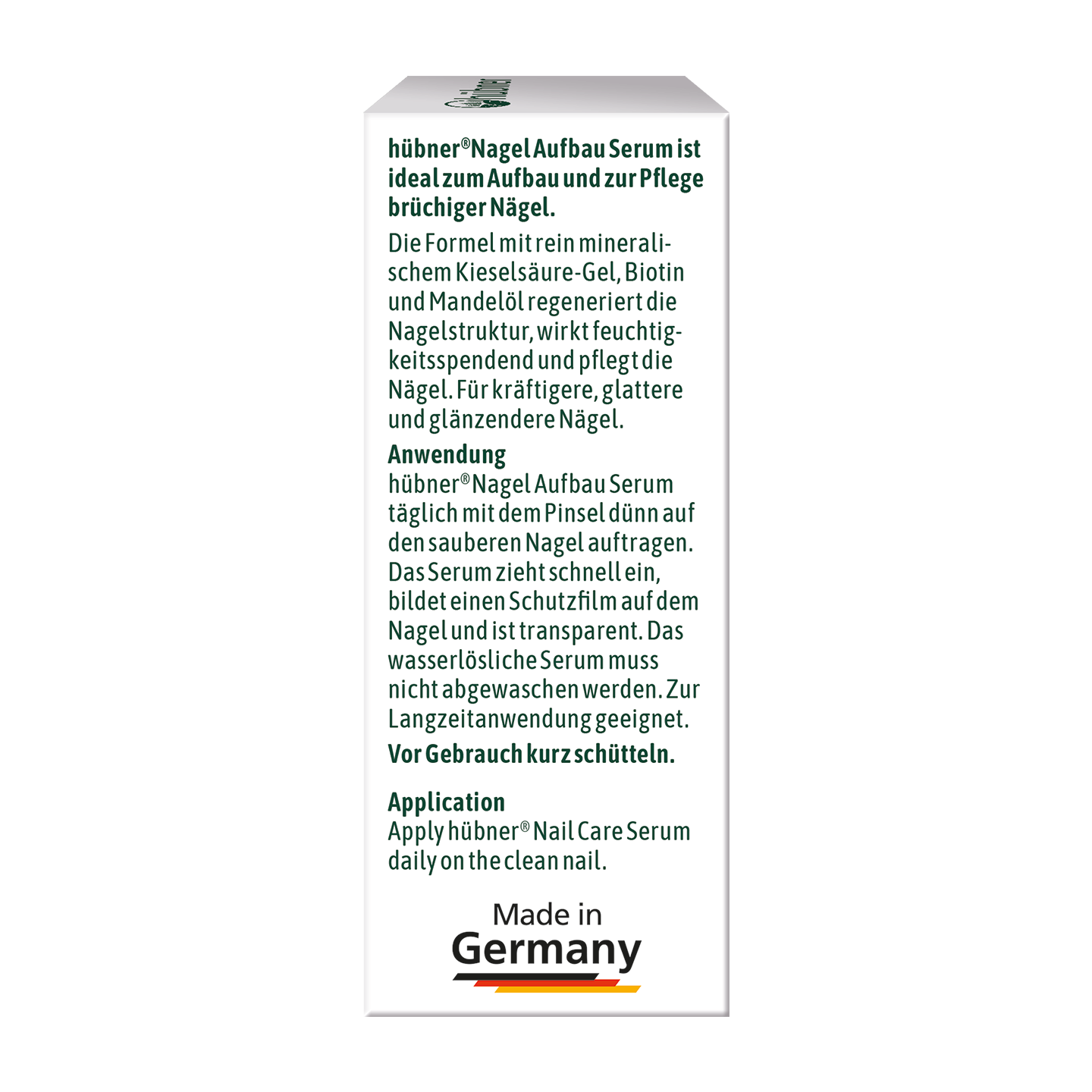 Weiße Box mit deutschem und englischem Text, der ein Nagelpflegeserum beschreibt, inklusive Anwendungshinweisen und „Made in Germany“ am Boden.