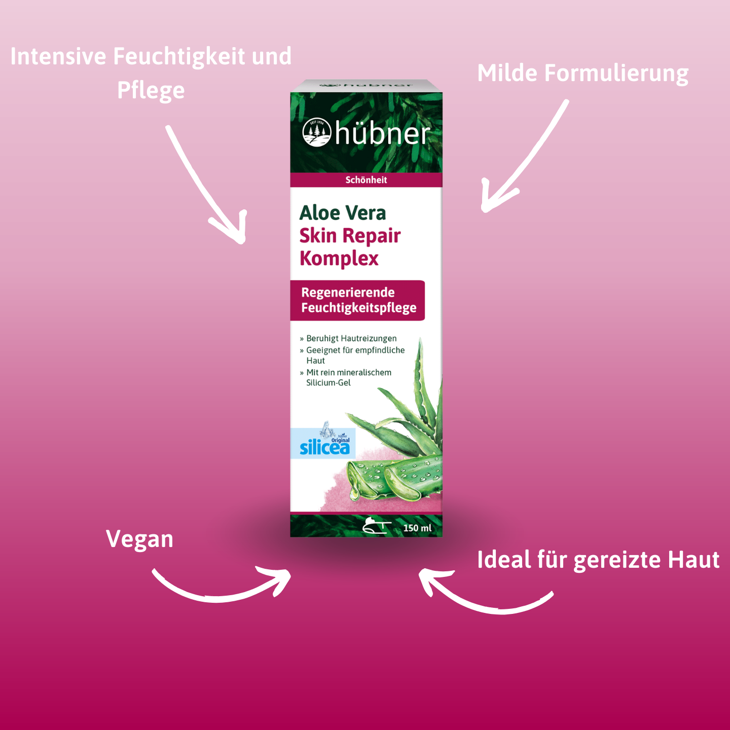 Schachtel Hübner Aloe Vera Skin Repair Complex mit Text auf rosa Hintergrund, der durch Pfeile auf die Produktvorteile hinweist.