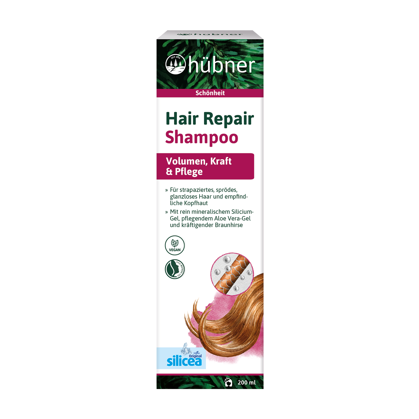 Eine Schachtel Hübner Hair Repair Shampoo mit Text und einem Bild von gesundem, glänzendem Haar auf der Vorderseite.