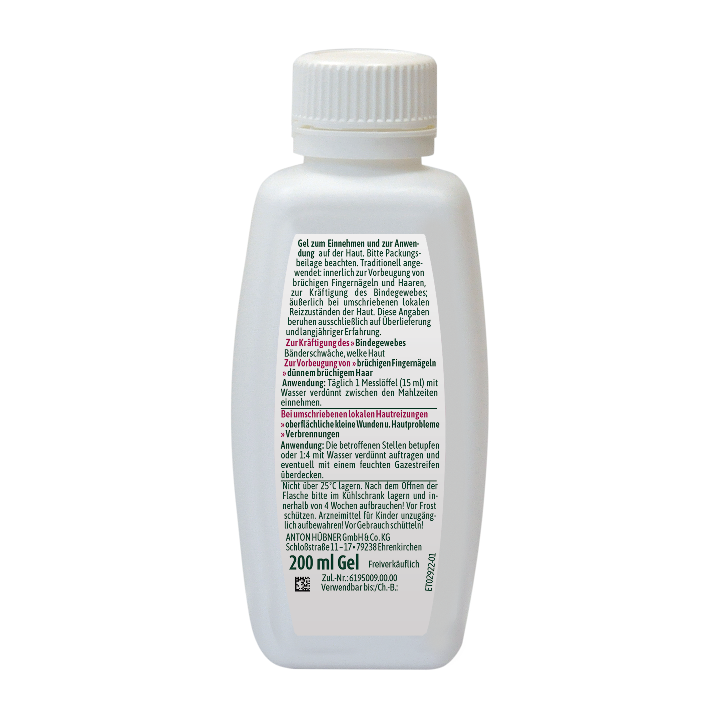 Eine weiße Plastikflasche mit deutscher Textanleitung und einer Dosierungsanleitung auf dem Rückenetikett.