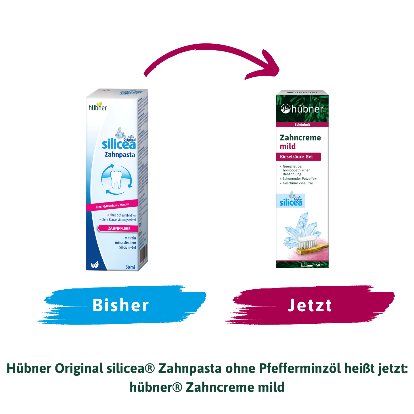 Vergleich alter und neuer Zahnpastaverpackungen mit Text: „Bisher und jetzt“; inklusive Produktbildern und Pfeil.