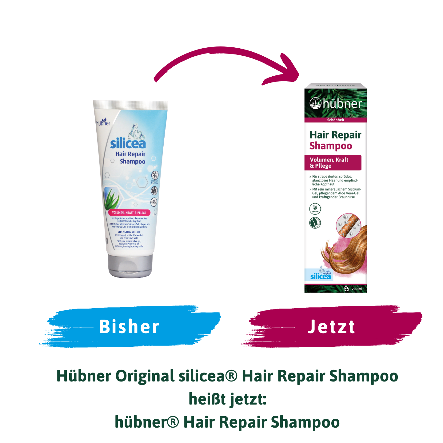 Zwei Shampooflaschen nebeneinander, mit einem Pfeil von der „Bisher alten“ zur „Jetzt neuen“ Verpackung und einem Text, der die Namensänderung ankündigt.