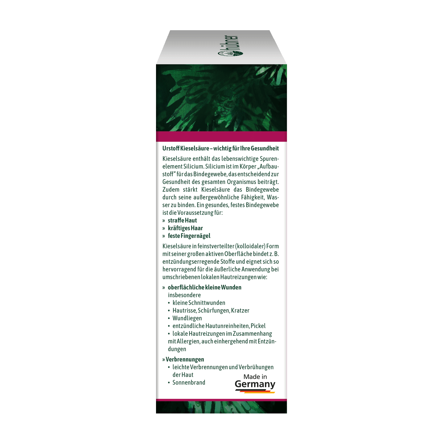 Eine Produktverpackung mit deutschem Text über die gesundheitlichen Vorteile von Kieselsäure und einem „Made in Germany“-Etikett an der Unterseite.