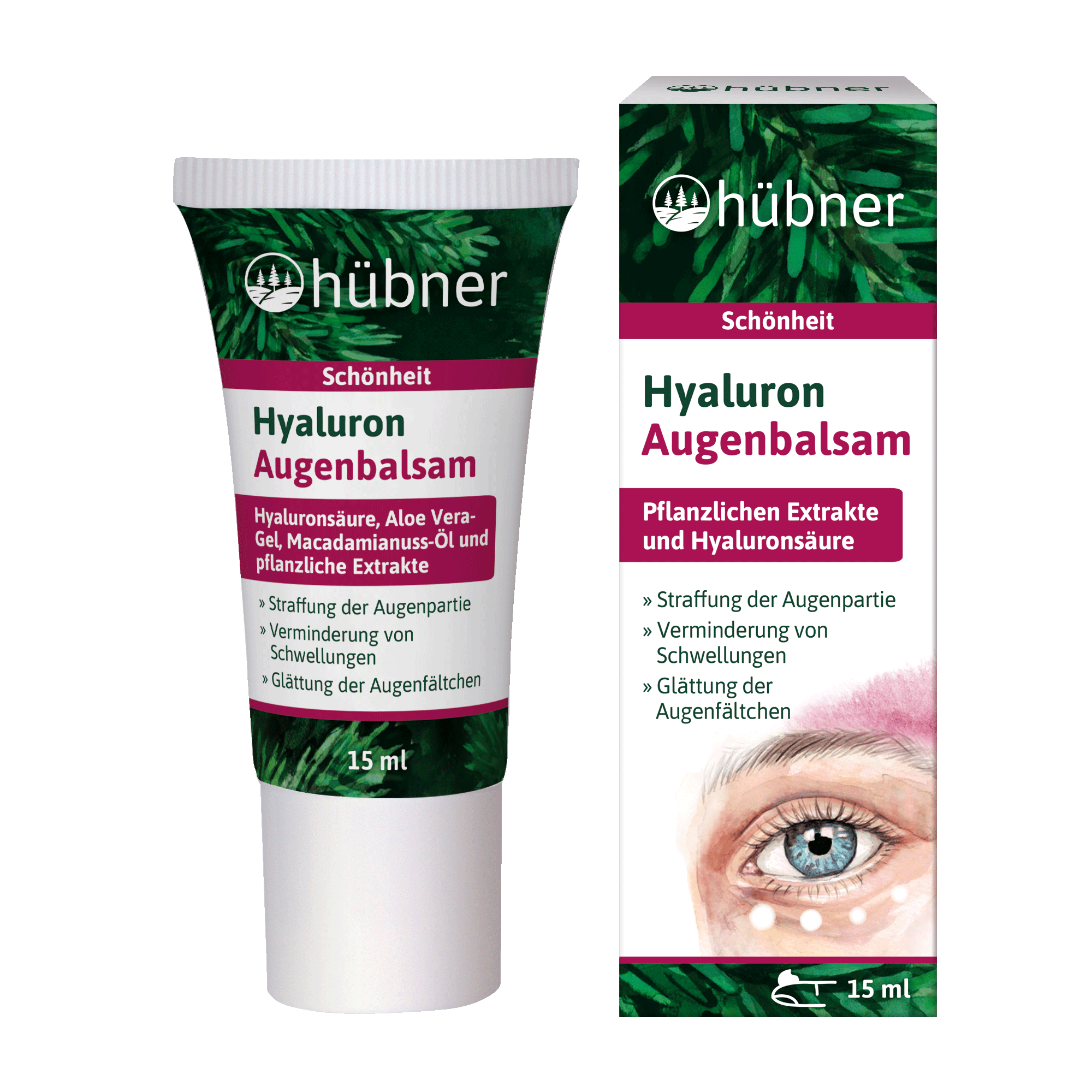 Eine Tube und Dose Hübner Hyaluron Augenbalsam mit Pflanzenextrakten und Hyaluronsäure, 15 ml, abgebildet auf schwarzem Hintergrund.