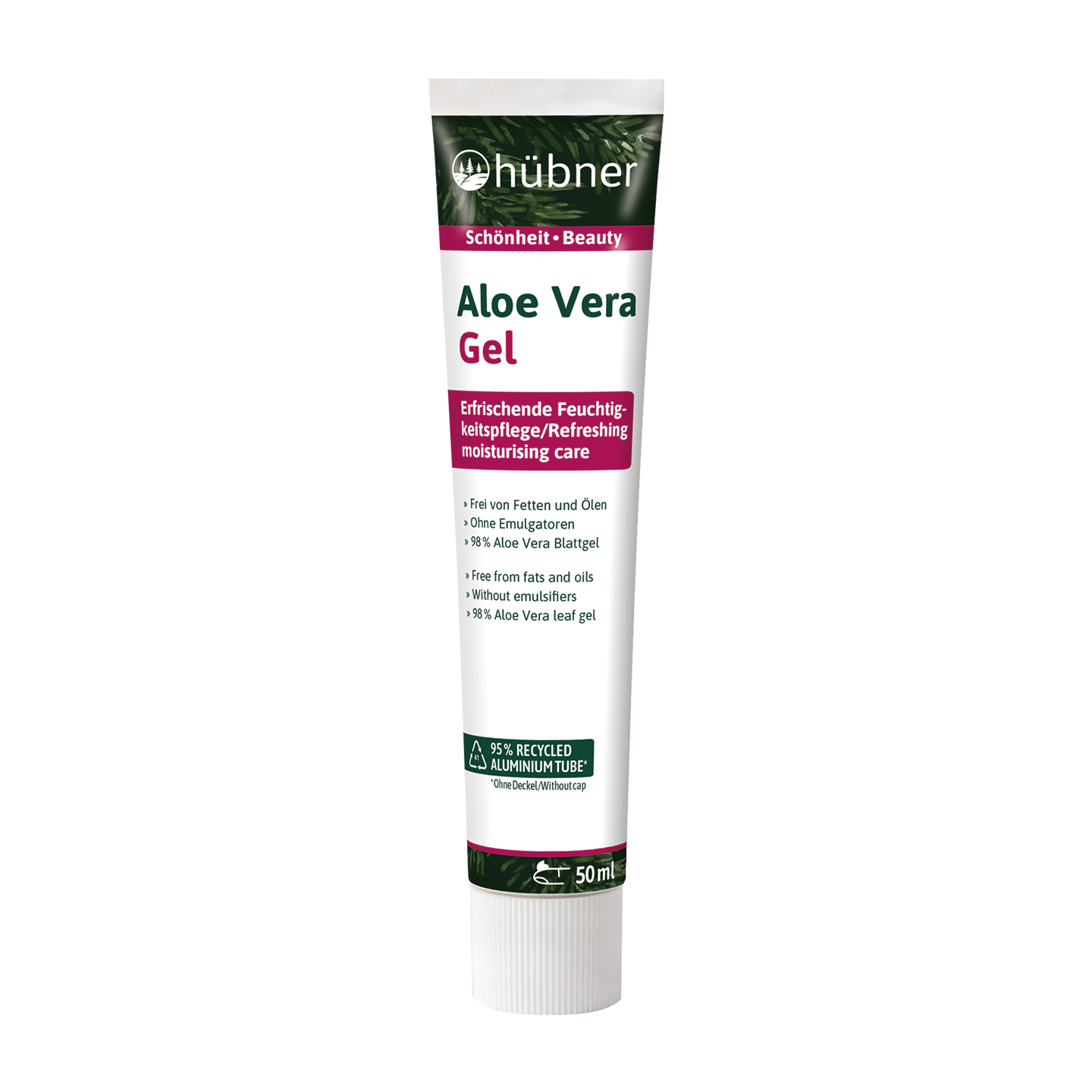 Eine Tube Hübner Aloe Vera Gel mit rosafarbener und grüner Aufschrift, beschrieben als erfrischende Feuchtigkeitspflege, Größe 50 ml.