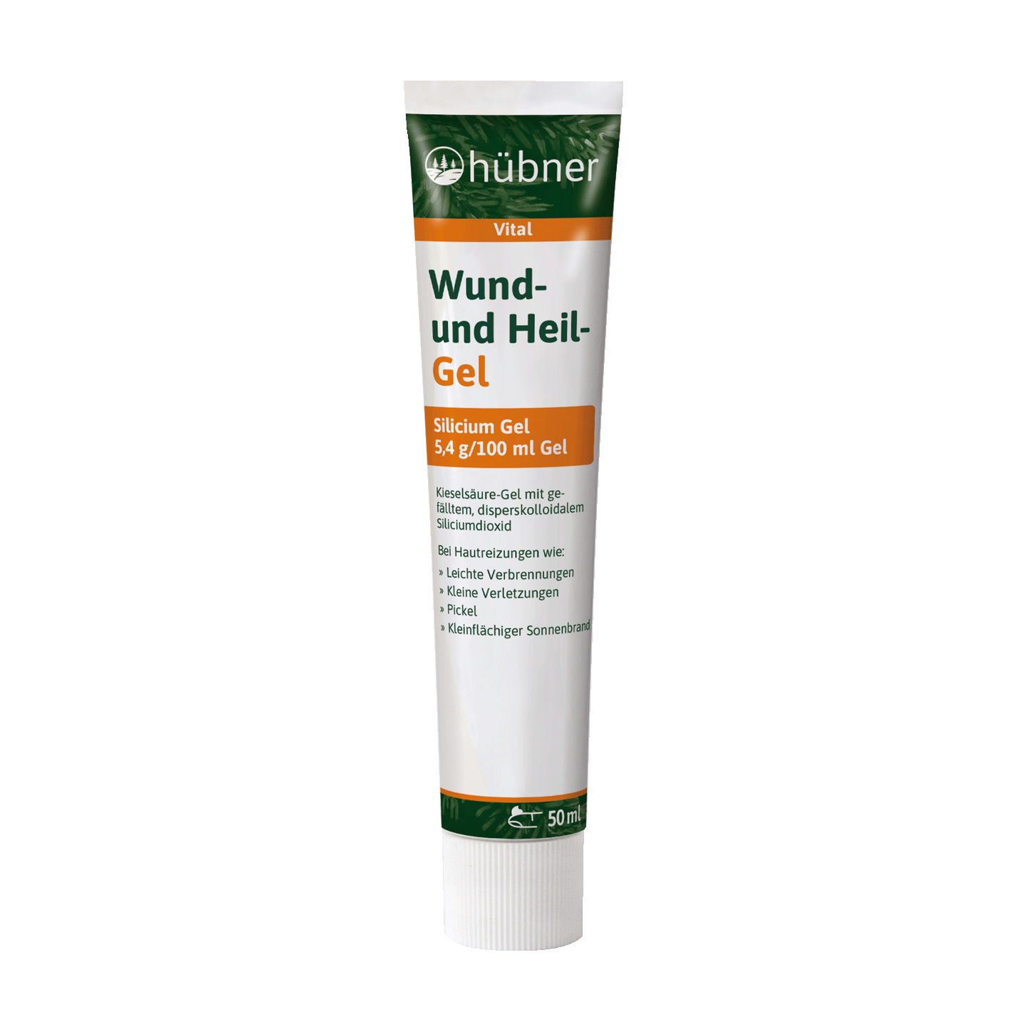 Eine 50 ml Tube Hübner Vital Wund- und Heil-Gel mit grüner, weißer und orangefarbener Beschriftung.