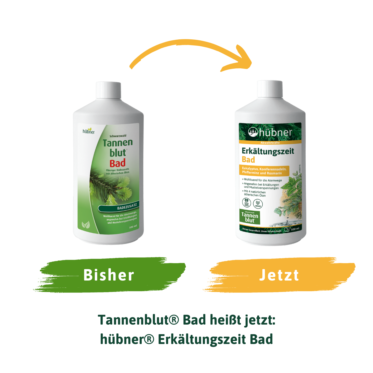 Zwei Flaschen: links Tannenblut Bad vorher, rechts hübner® Erkältungszeit Bad jetzt, dazwischen ein Pfeil.