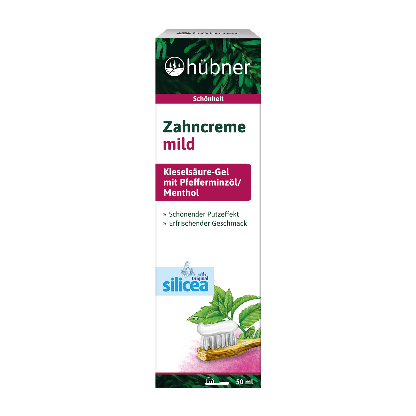 Schachtel mit Hübner Zahncreme Mild mit Kieselgel, Pfefferminzöl, Menthol und dem Bild einer Zahnbürste mit grünen Blättern.