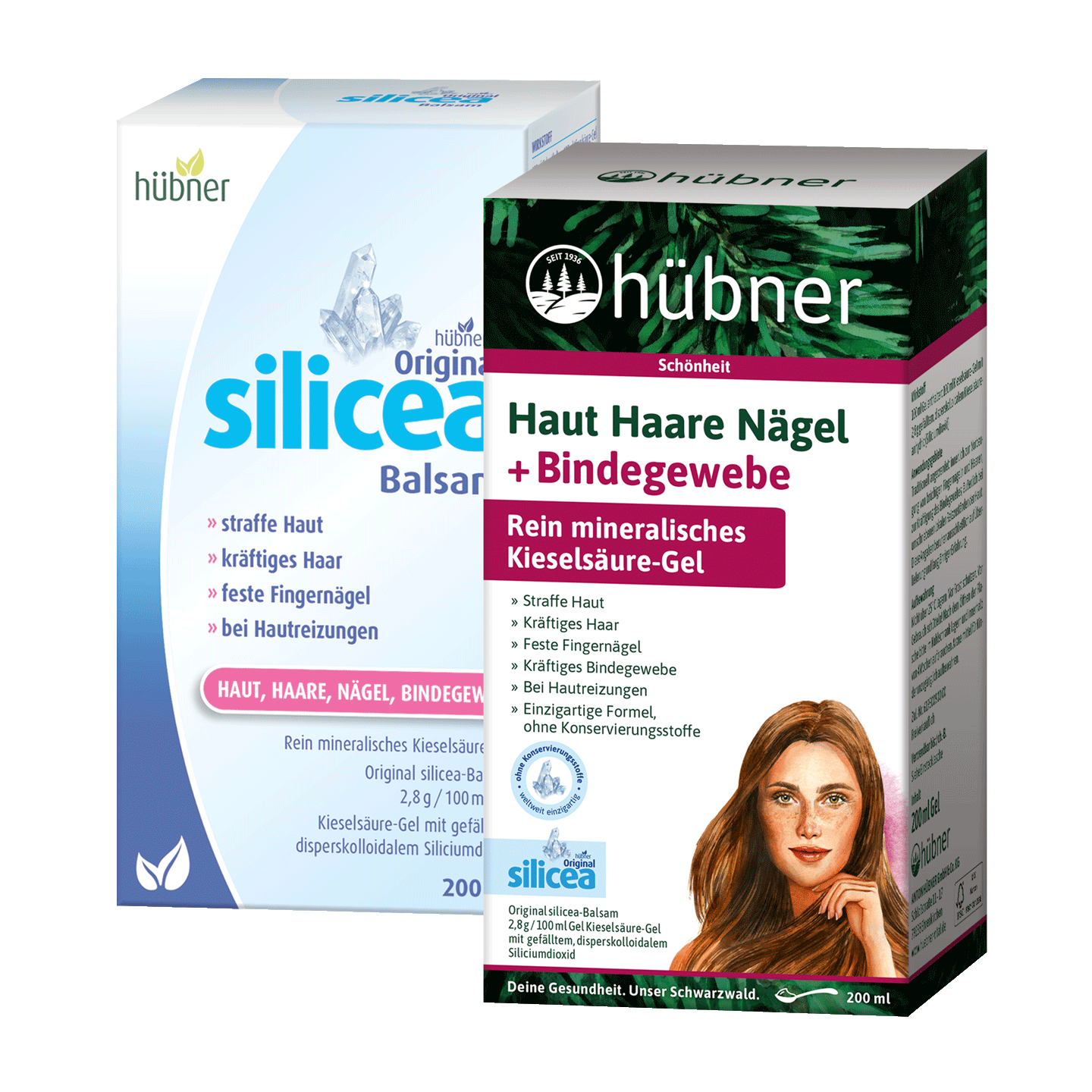 Zwei Schachteln mit Hübner Silicea-Produkten für Haare, Haut und Nägel; eine davon zeigt auf der Vorderseite eine Frauenillustration.