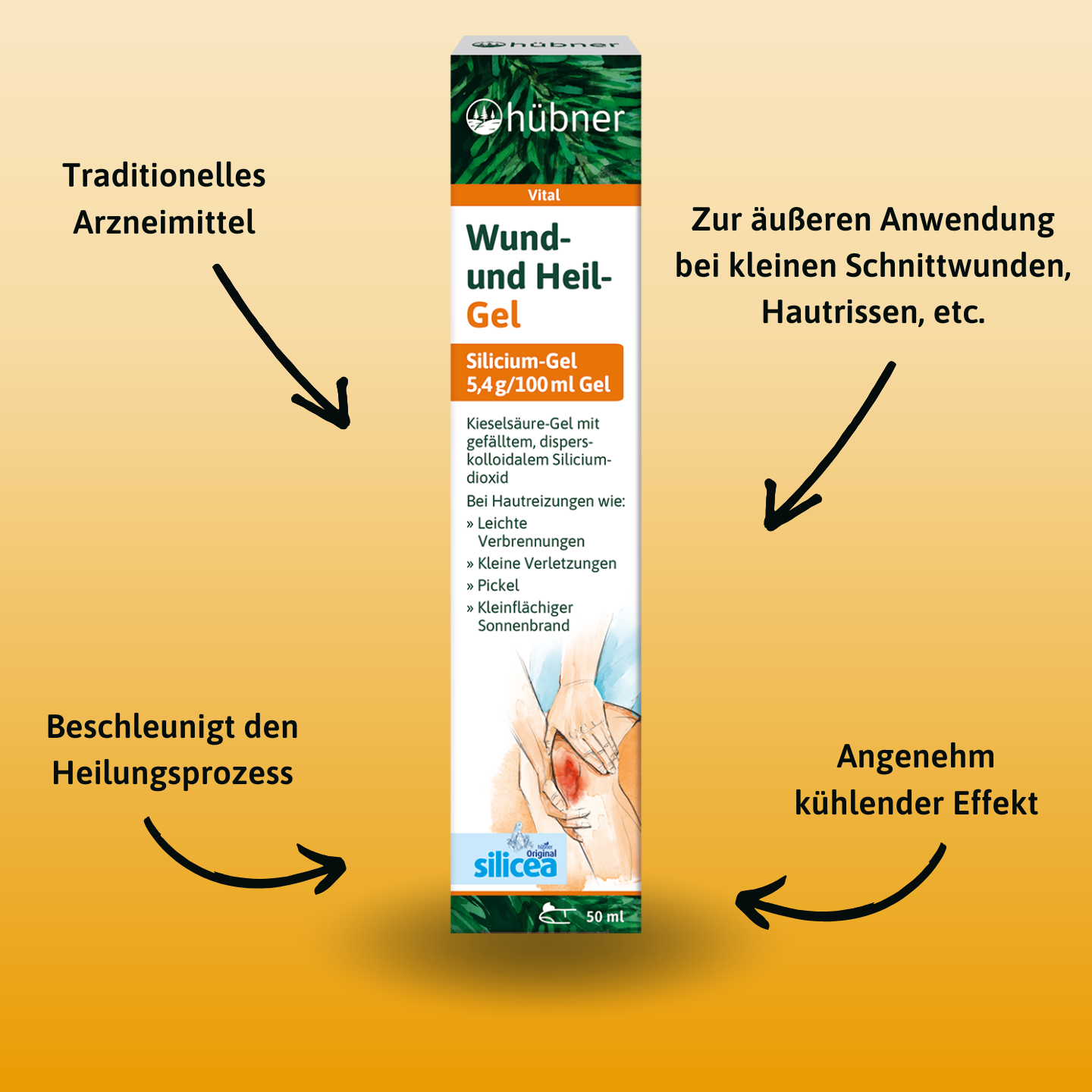 Eine Tube Hübner Original silicea® Wund- und Heil-Gel auf gelbem Hintergrund, mit schwarzen Pfeilen, die die traditionelle Anwendung, den kühlenden Effekt und die heilende Wirkung bei kleinen Hautverletzungen hervorheben.