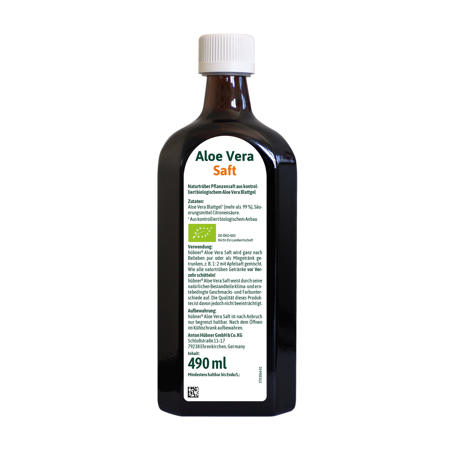 Eine dunkelbraune Flasche mit weißem Verschluss und einem Etikett mit der Aufschrift „Aloe Vera Saft“ und Produktdetails in deutscher Sprache, Inhalt 490 ml.