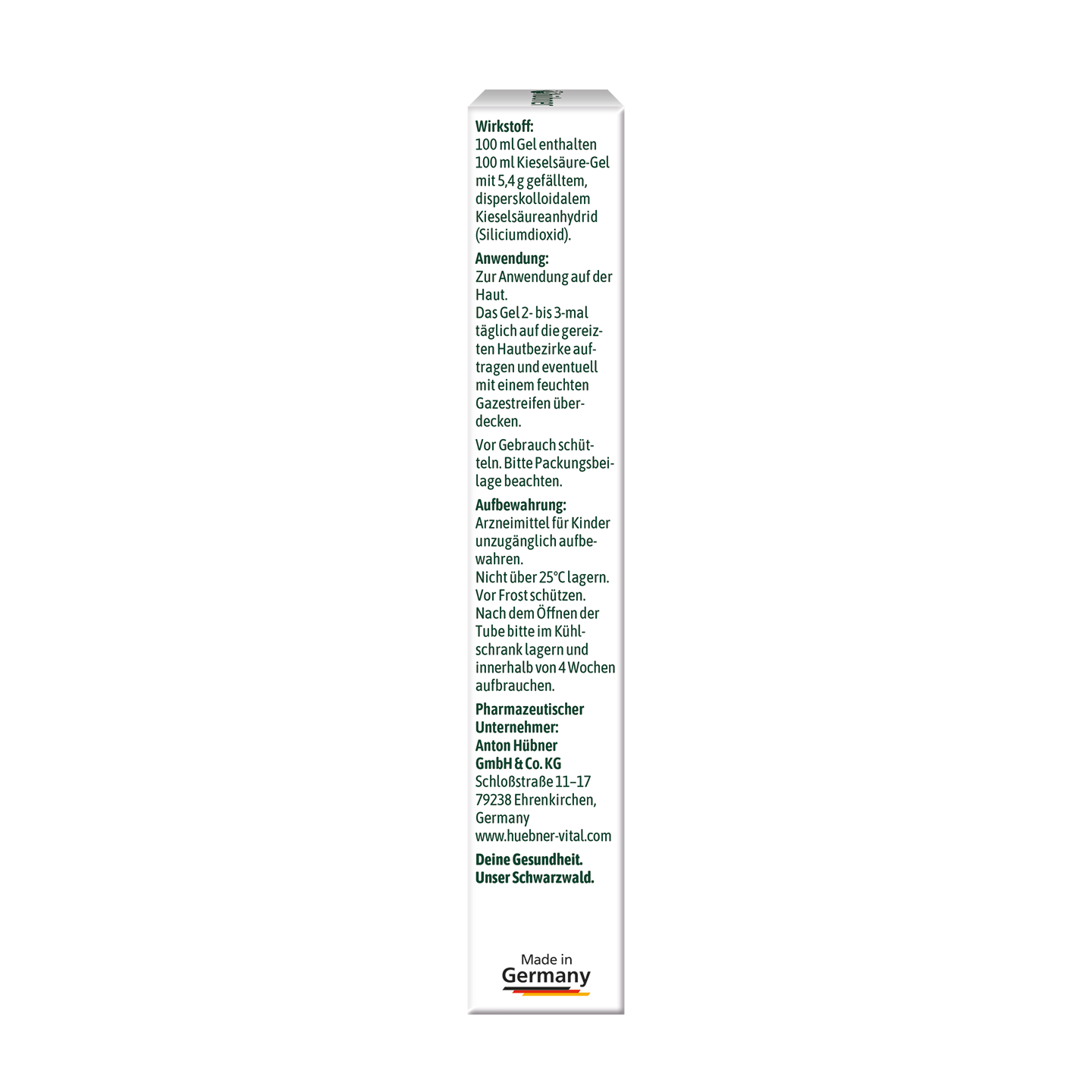 Vertikales Etikett in deutscher Sprache mit Gebrauchsanweisungen und Sicherheitsinformationen für ein Gel, das unten mit einem „Made in Germany“-Zeichen endet.