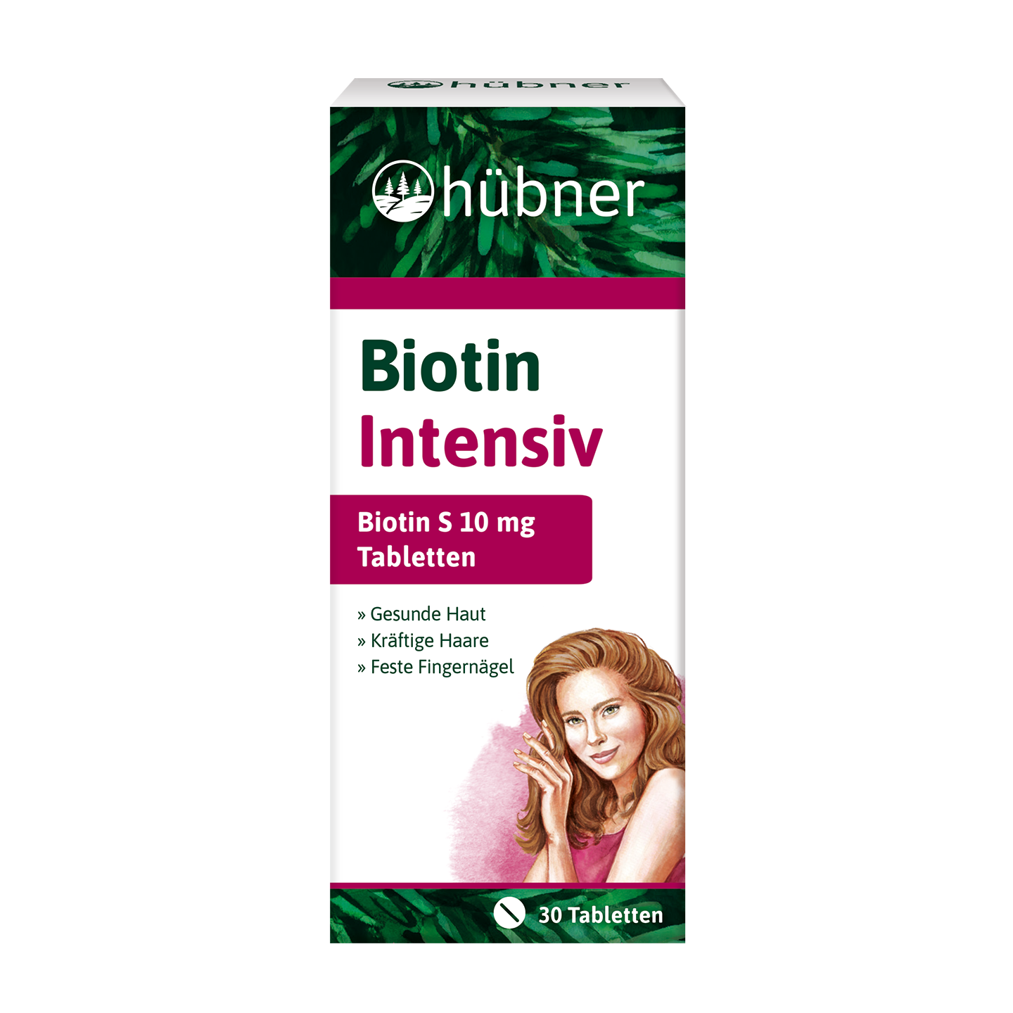 Schachtel mit Hübner Biotin Intensiv-Tabletten, 10 mg, mit einer Abbildung einer Frau und einem Text, der die Vorteile für Haut, Haare und Nägel hervorhebt.