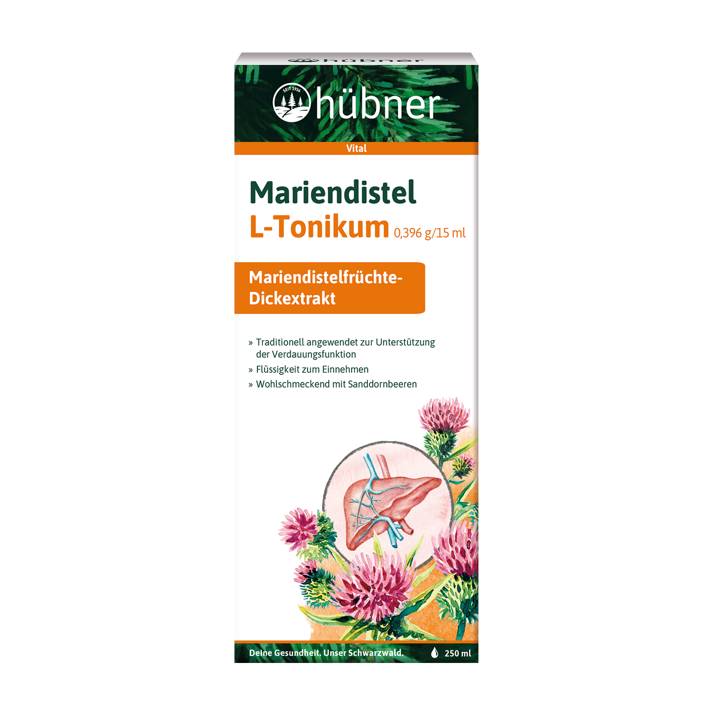 Dose Hübner Mariendistel L-Tonikum mit Abbildungen zu Mariendistelpflanzen und Verdauungssystem, 250 ml.