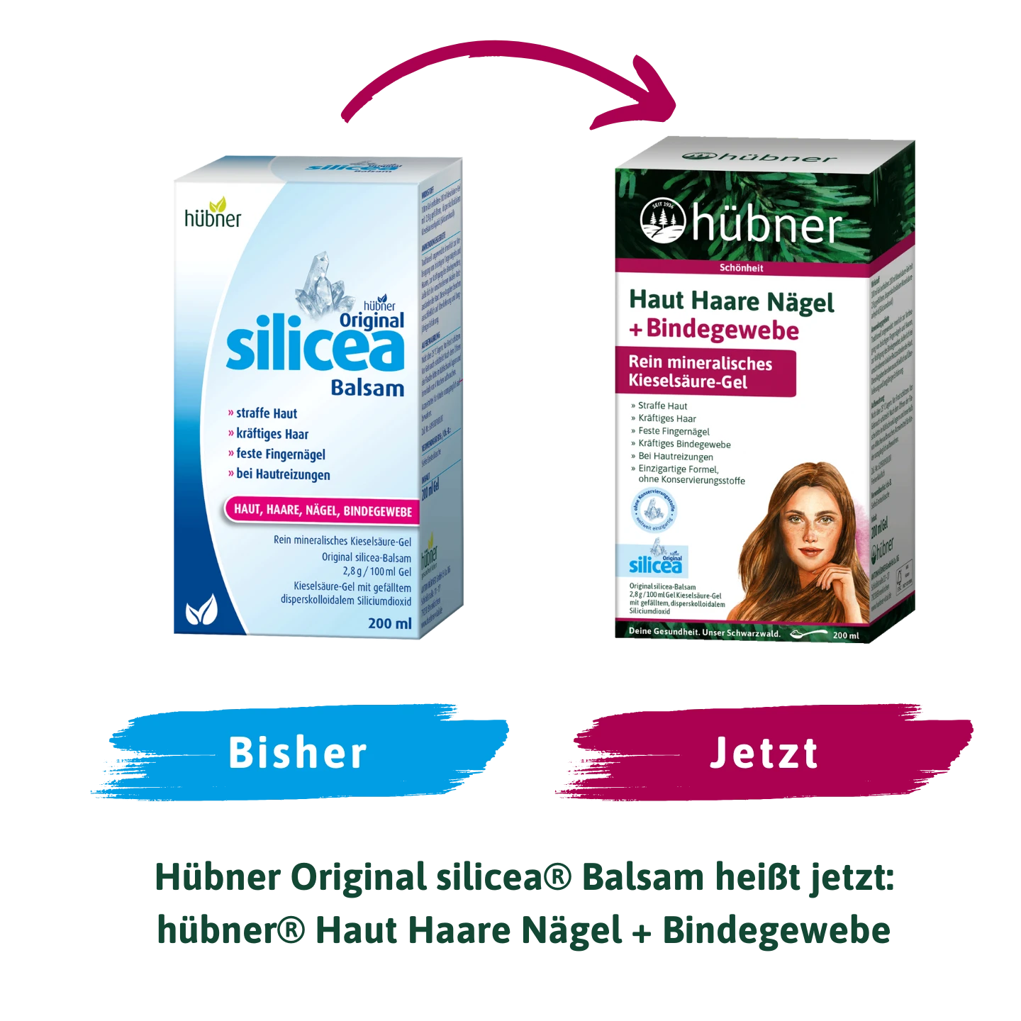 Abgebildet sind zwei Packungen Silicea-Gel: links das alte Design, rechts das neue Design für Haut, Haare, Nägel und Gewebeunterstützung.