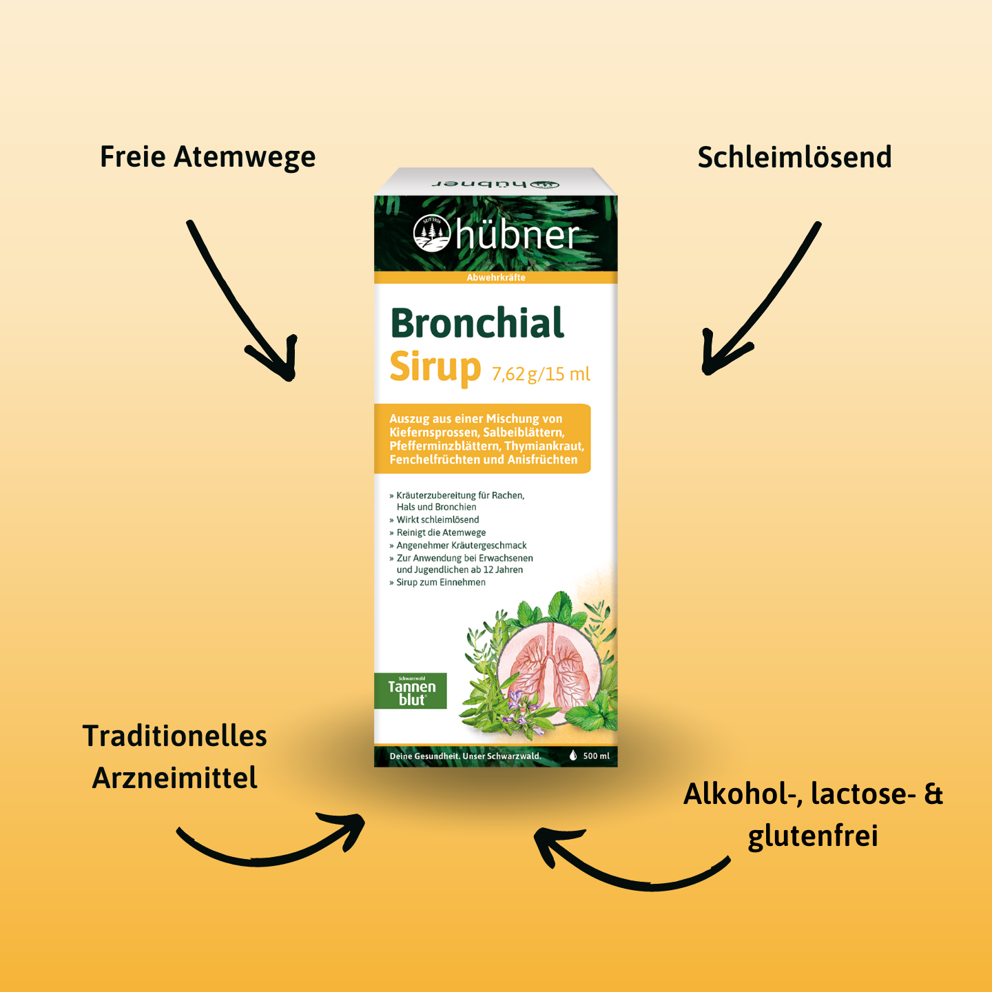 Schachtel Hübner Bronchialsirup mit Texthervorhebungen: Atemwege frei, Schleimlösend, Traditionelle Medizin, Alkohol-/Laktose-/Glutenfrei.